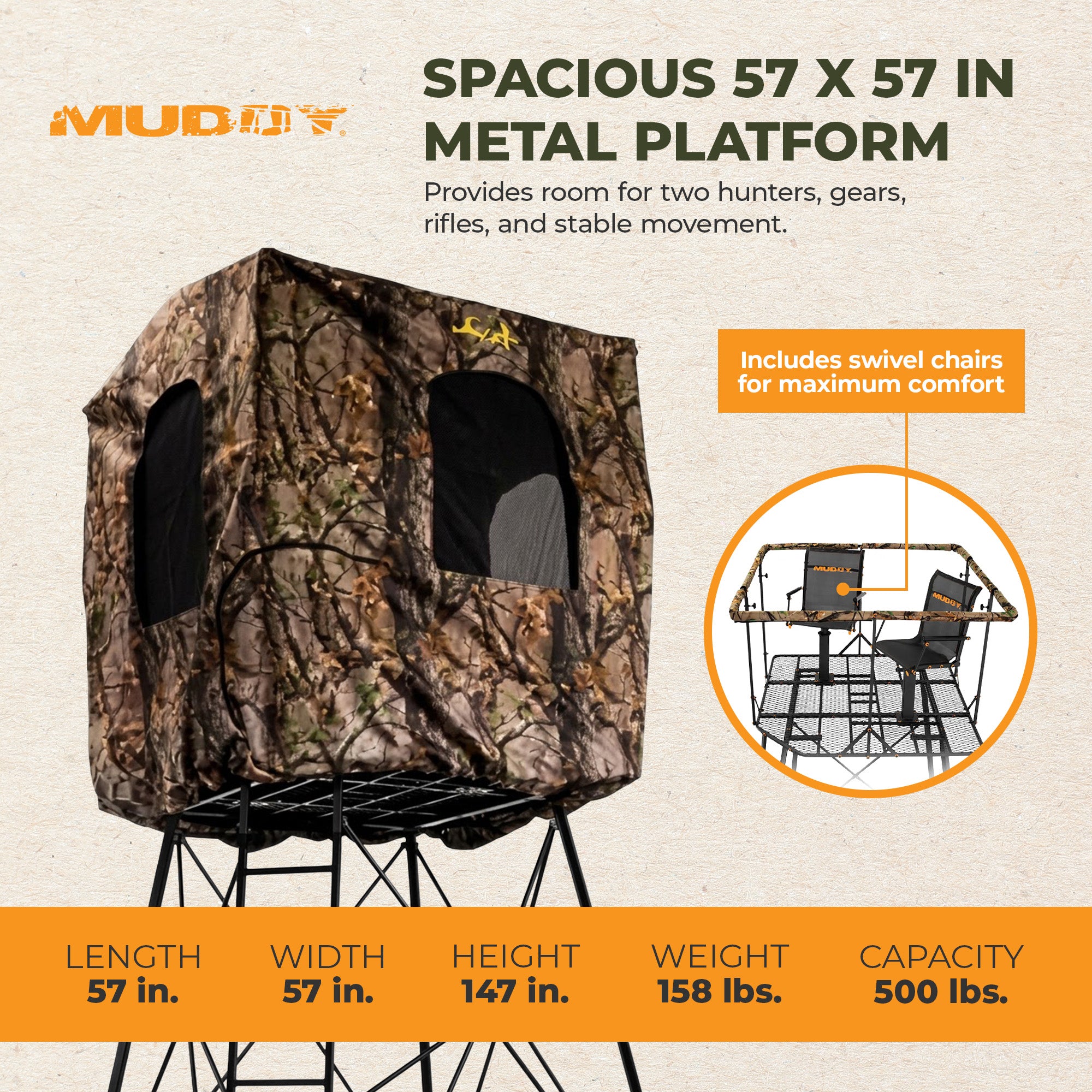Muddy Quad Pod Deluxe 12' Steel Hunting Stand with Ladder, Steel Frame, Camo