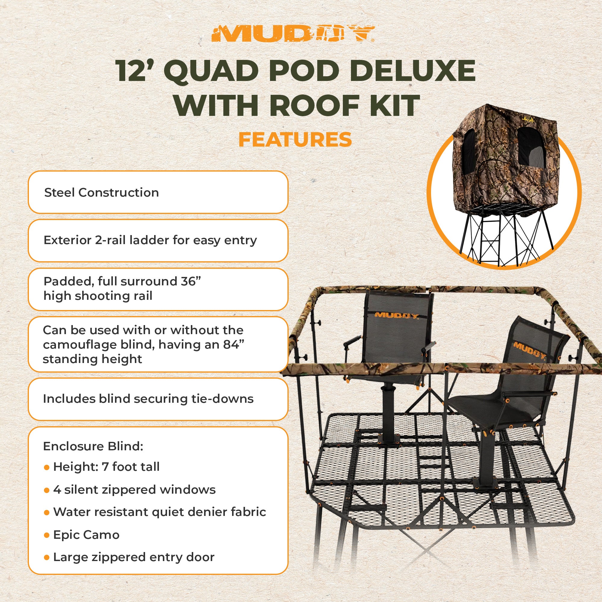 Muddy Quad Pod Deluxe 12' Steel Hunting Stand with Ladder, Steel Frame, Camo