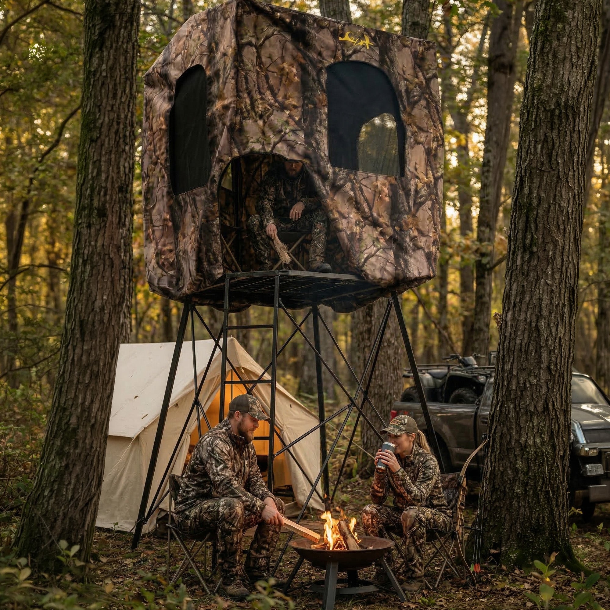 Muddy Quad Pod Deluxe 12' Steel Hunting Stand with Ladder, Steel Frame, Camo