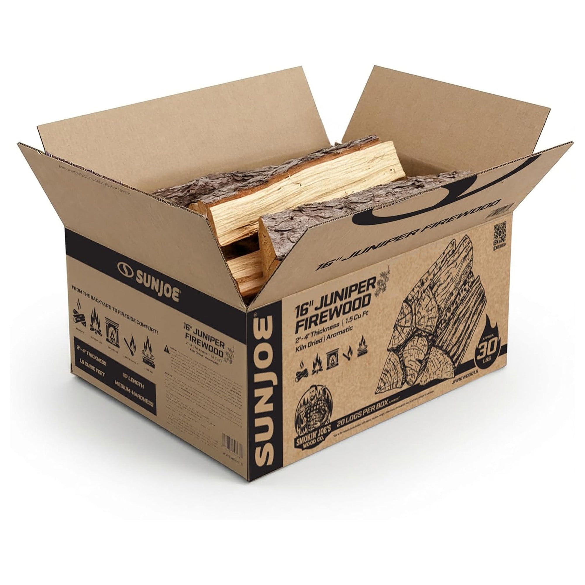 Sun Joe Smokin' Joe's Firewood, Kiln Dried Juniper Firewood for Stoves, 20 Logs