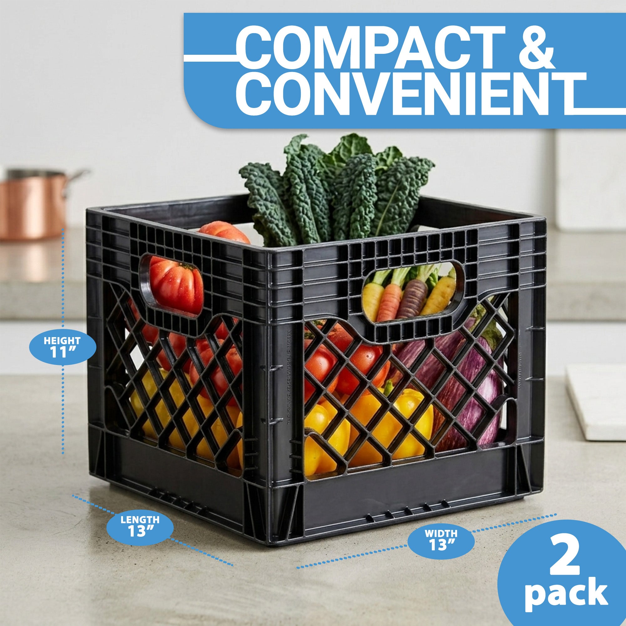 MIRAMAR Milk Crate, Stackable Plastic Storage Bin with Handles, 16 Qt, 2 Pack