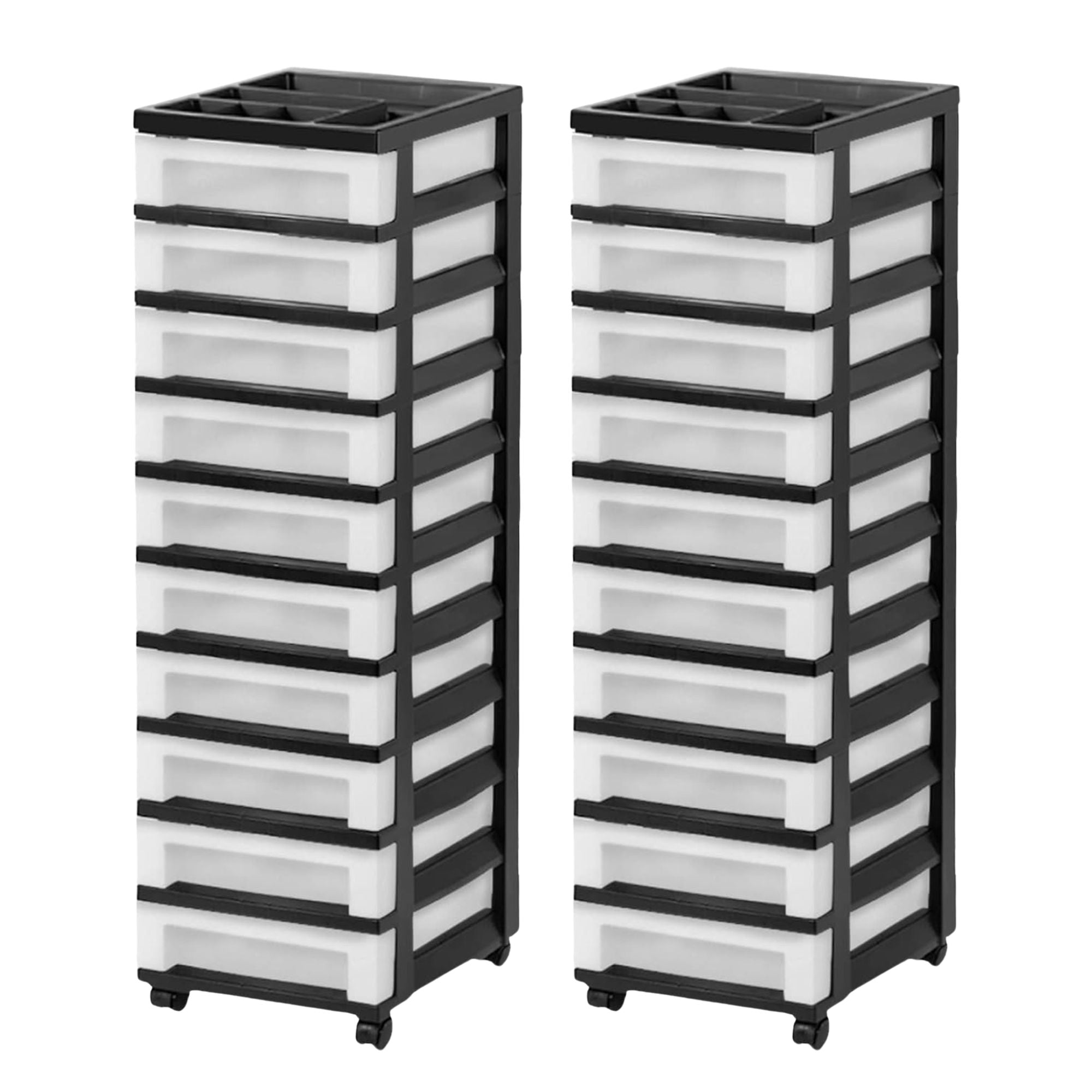 IRIS USA 2 Pack 10-Drawer Plastic Storage Cart with Wheels for Offices, Black