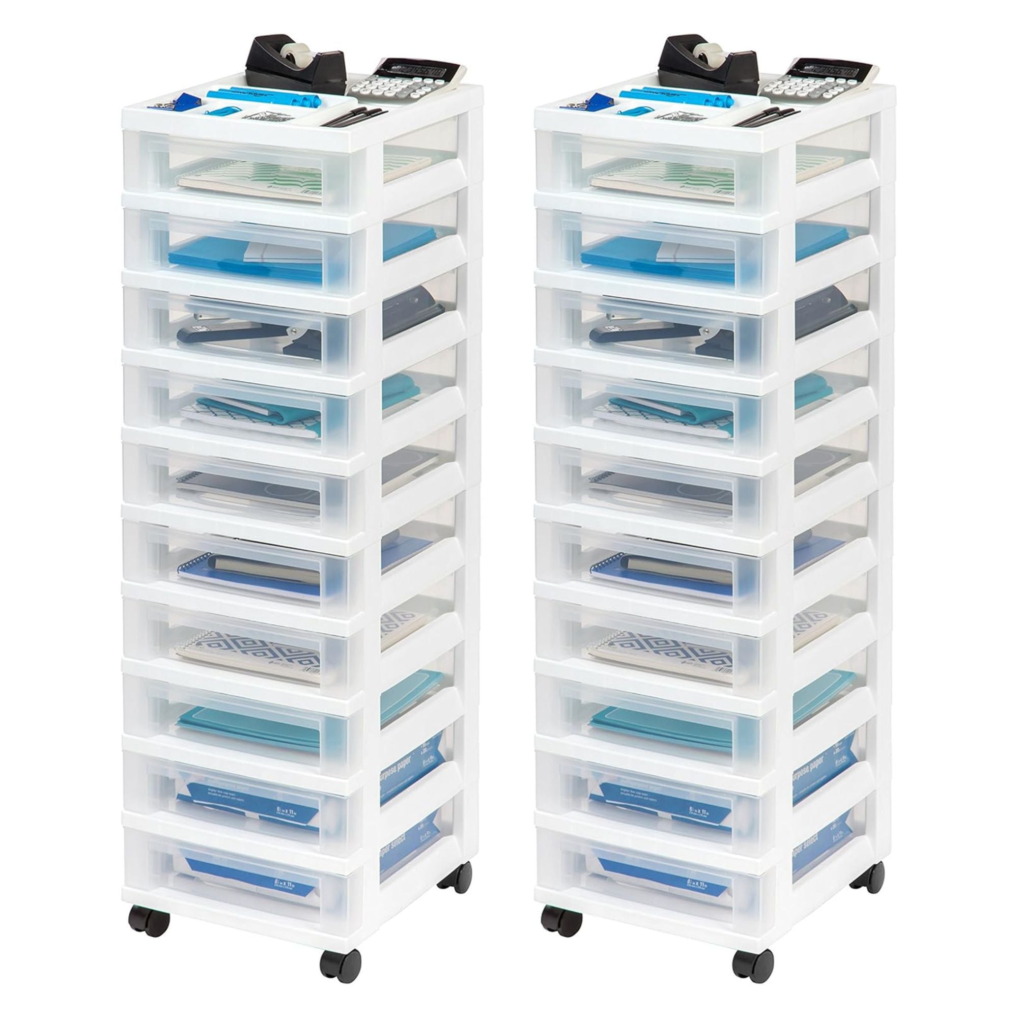 IRIS USA 2 Pack 10-Drawer Plastic Storage Organizer Cart & Caster Wheels, White