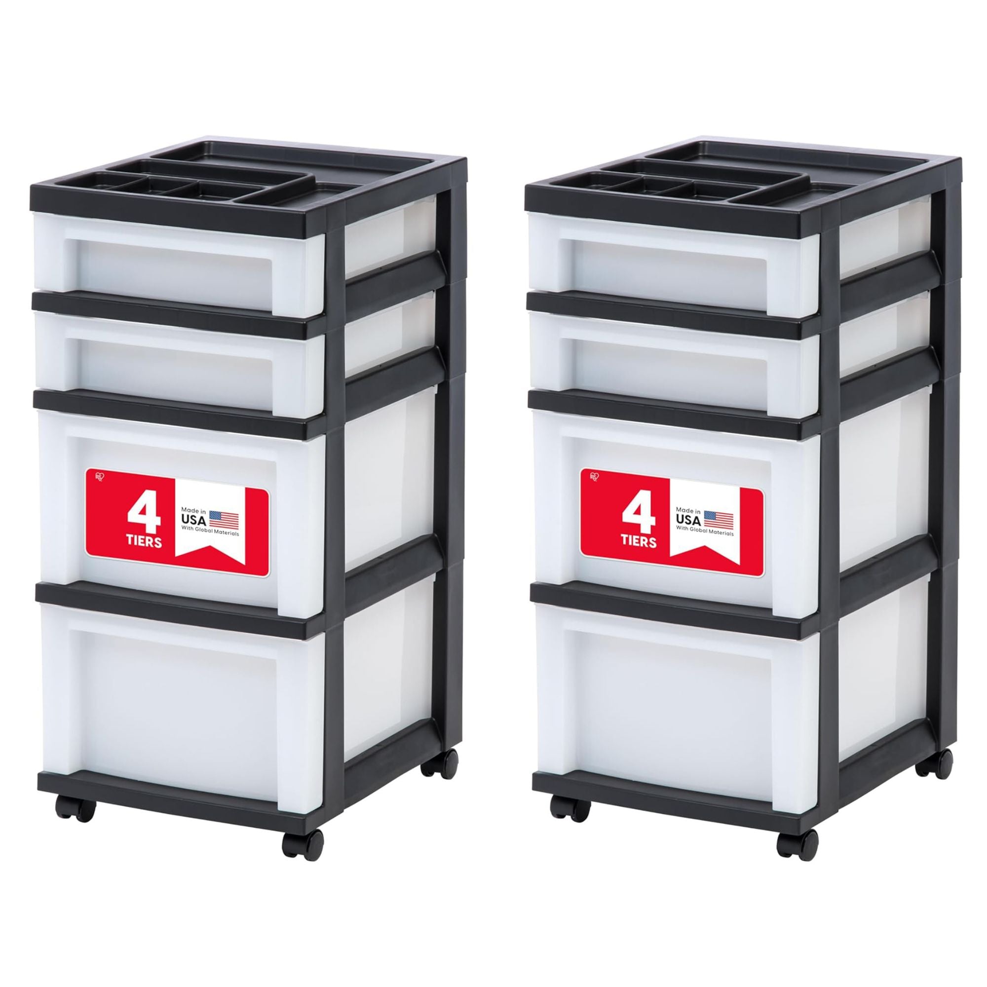 IRIS USA 2 Pack 4-Drawer Plastic Storage Cart with Wheels for Offices, Black