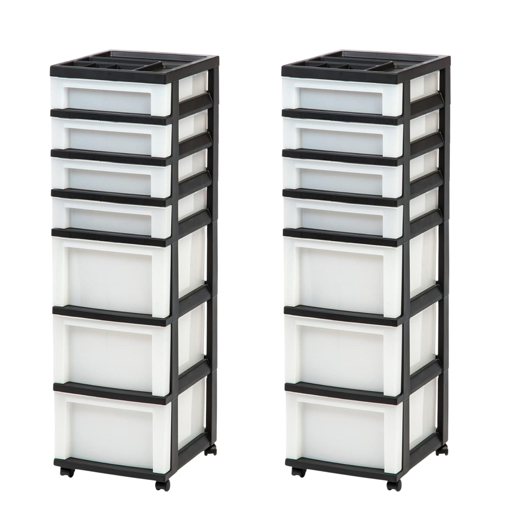 IRIS USA 2 Pack 7-Drawer Plastic Storage Organizer Cart & Caster Wheels, Black