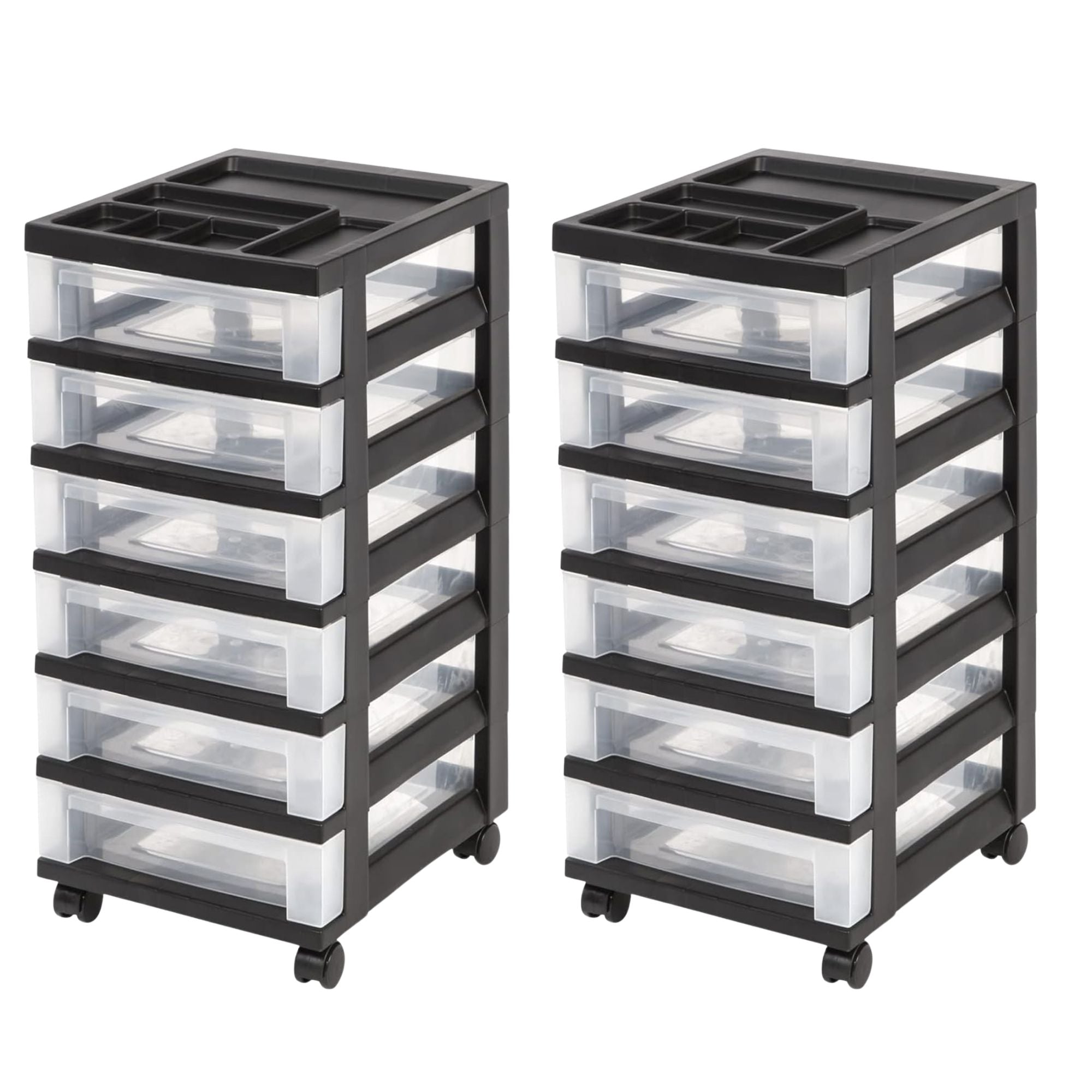 IRIS USA 2 Pack 6-Drawer Plastic Storage Organizer Cart & Caster Wheels, Black