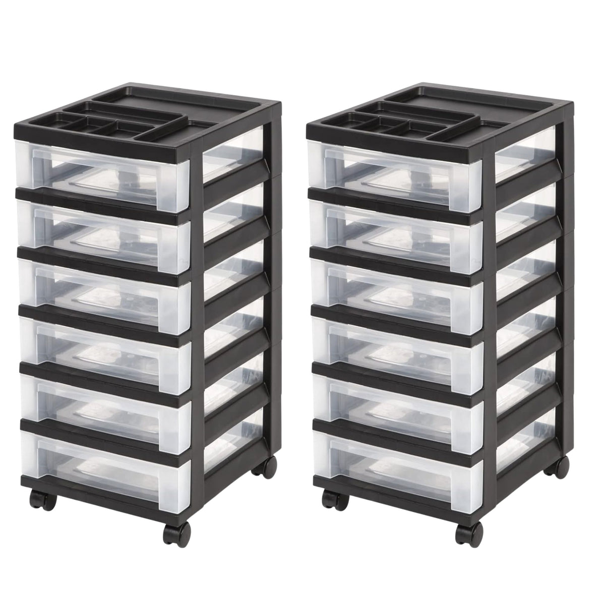 IRIS USA 2 Pack 6-Drawer Plastic Storage Organizer Cart & Caster Wheels, Black