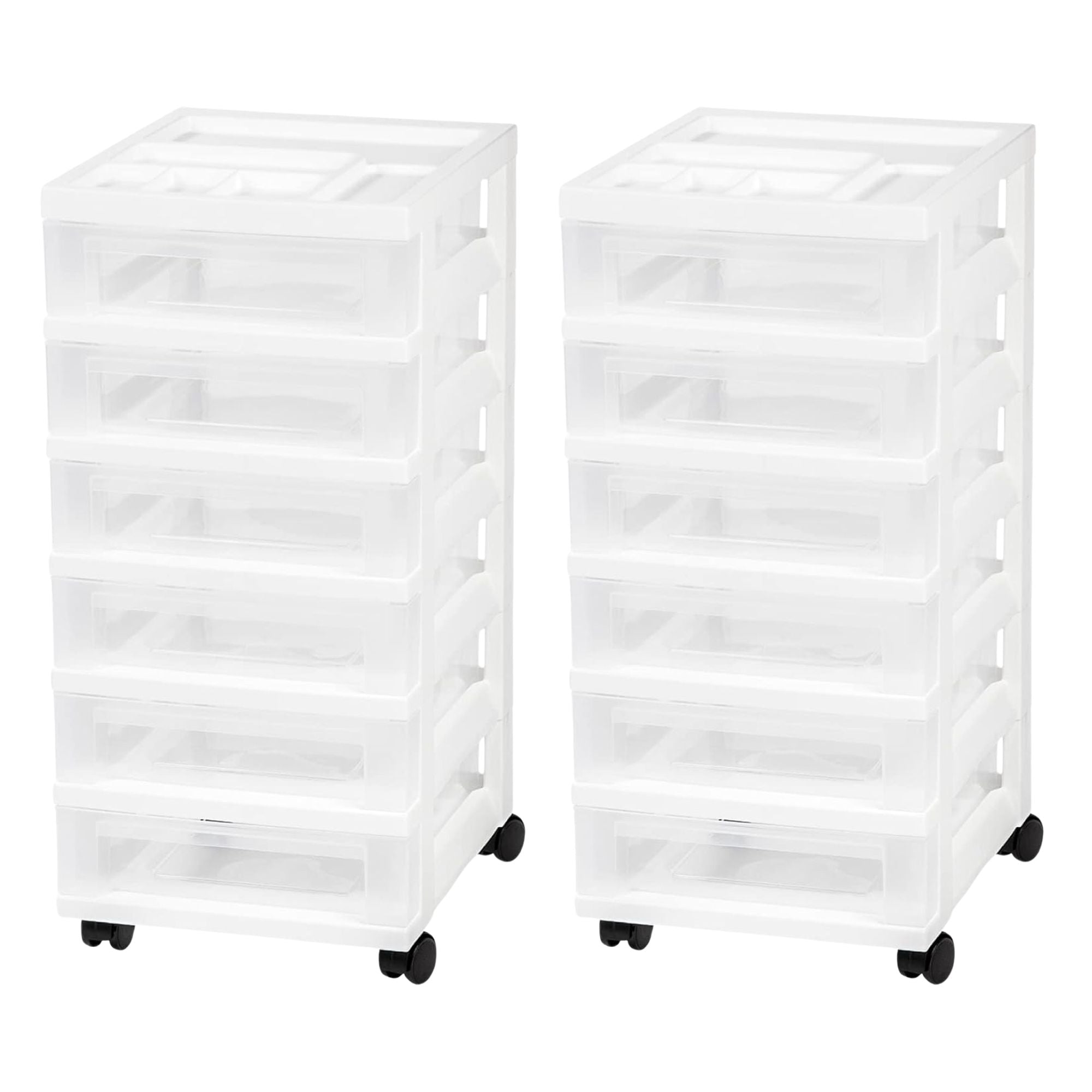IRIS USA 2 Pack 6-Drawer Plastic Storage Organizer Cart & Caster Wheels, White