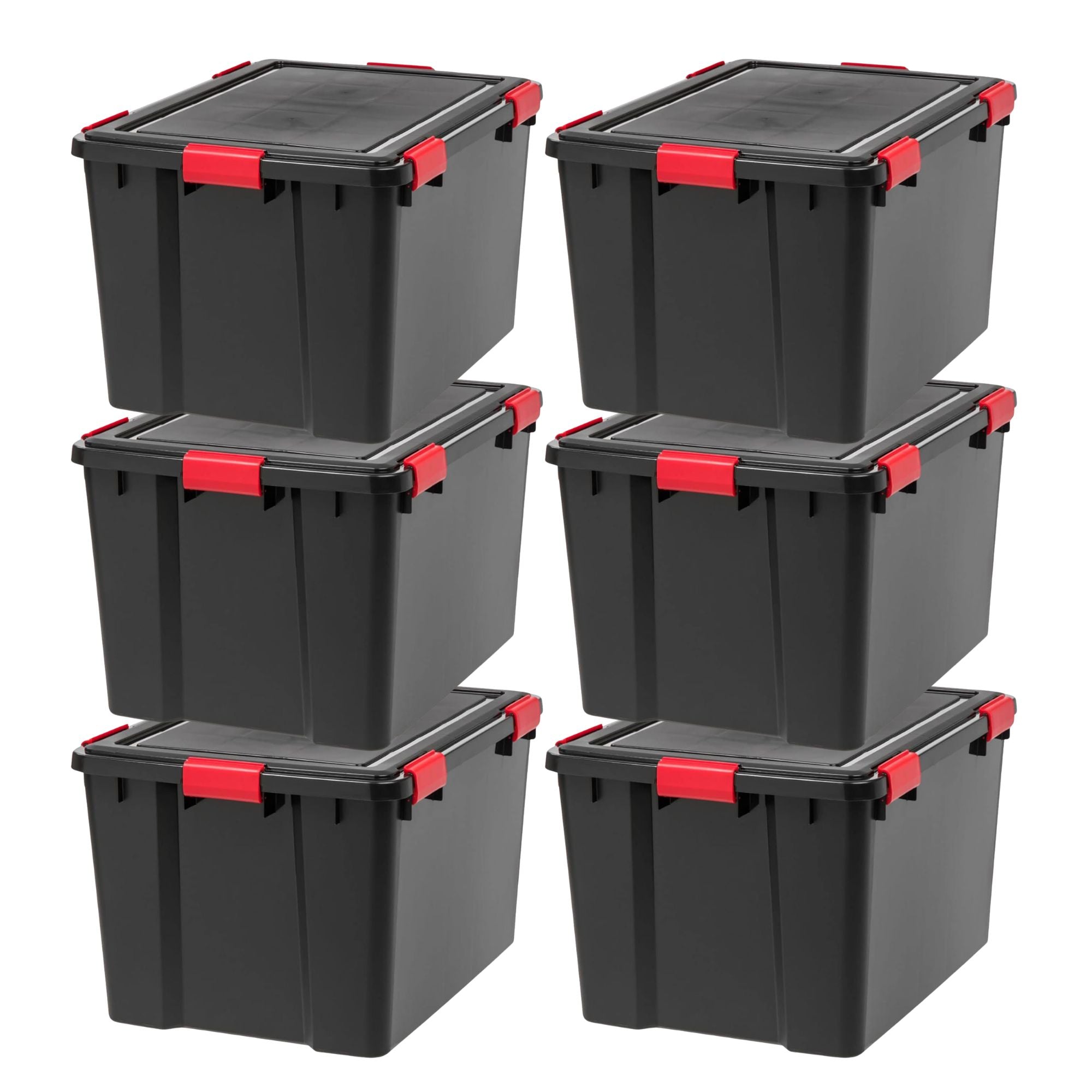 IRIS USA 6 Pack WeatherPro 74 Quart Stackable Storage Bins with Lids, Black/Red