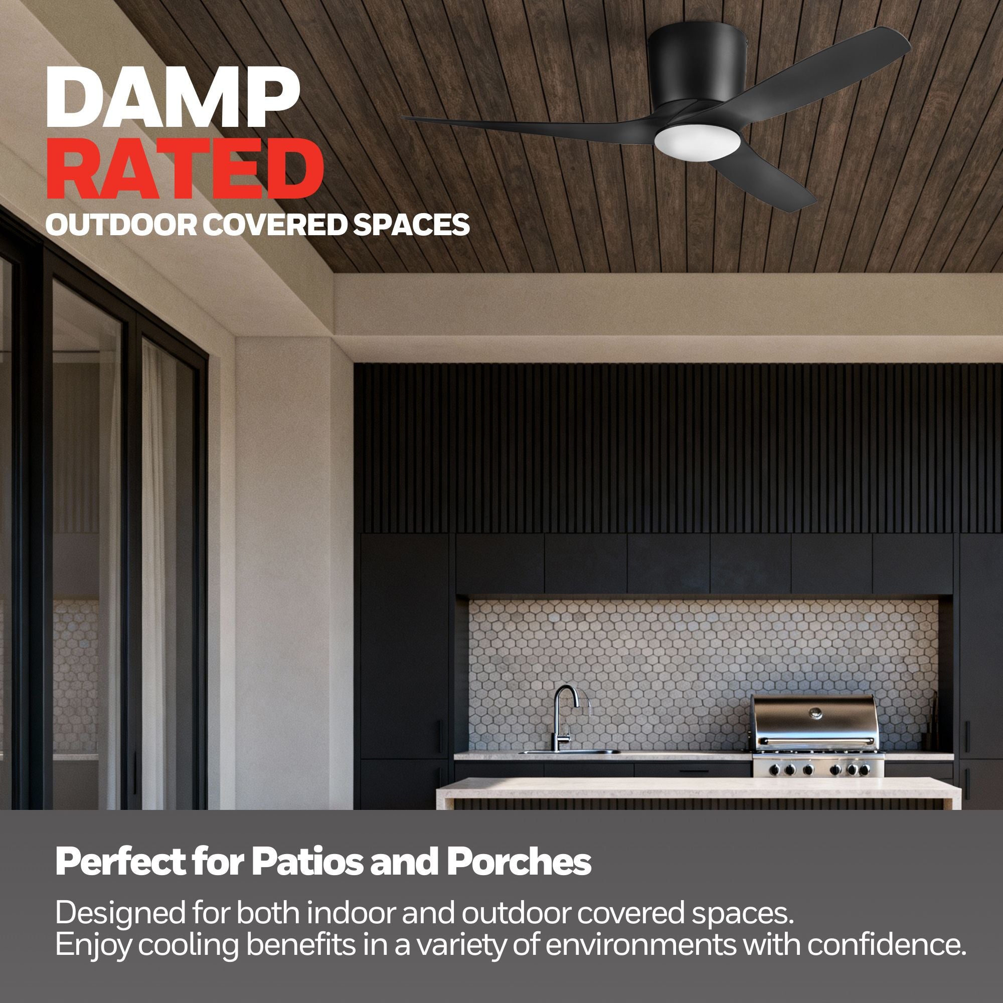 Honeywell Lynton 52" Ceiling Fan, Damp-Rated w/ LED Light & Remote, Matte Black - VMInnovations