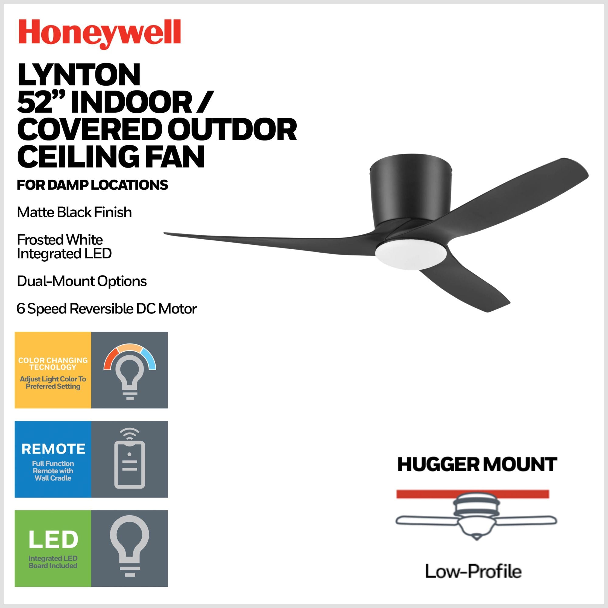 Honeywell Lynton 52" Ceiling Fan, Damp-Rated w/ LED Light & Remote, Matte Black - VMInnovations