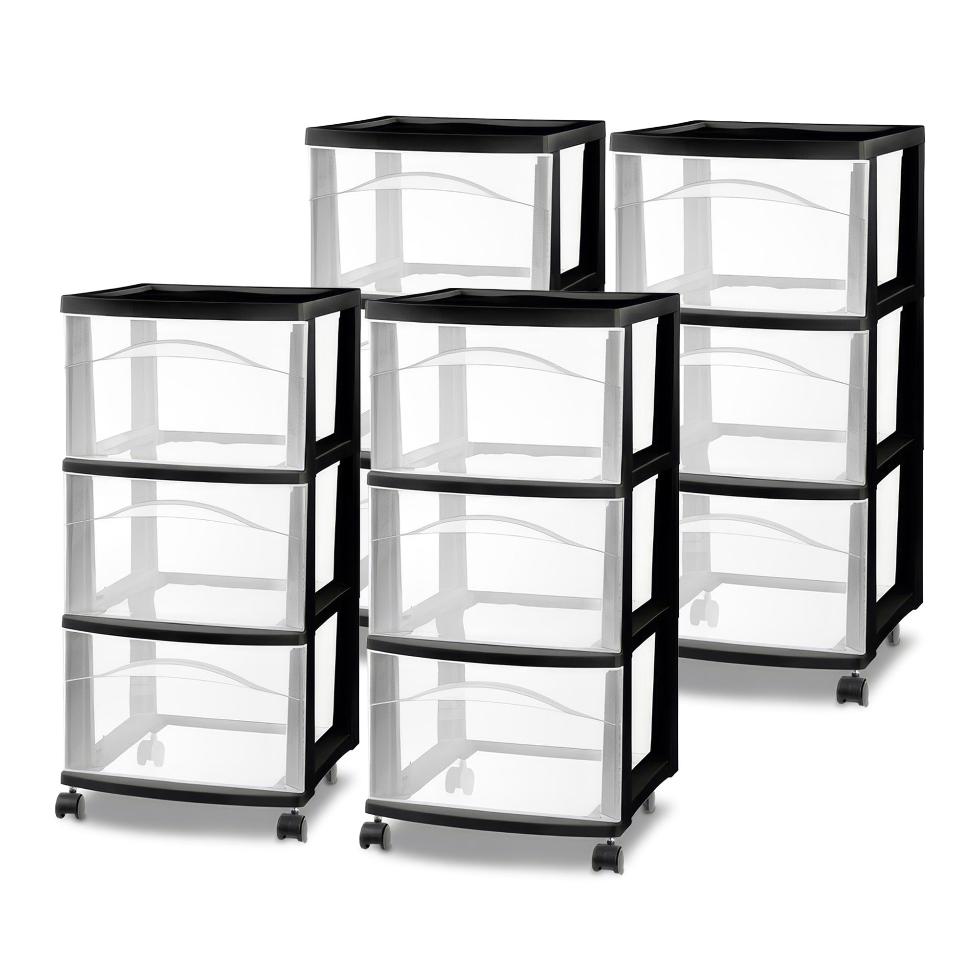 Sterilite 3 Drawer Storage Cart, Plastic Rolling Medium Organizer, Black, 4 Pack - VMInnovations