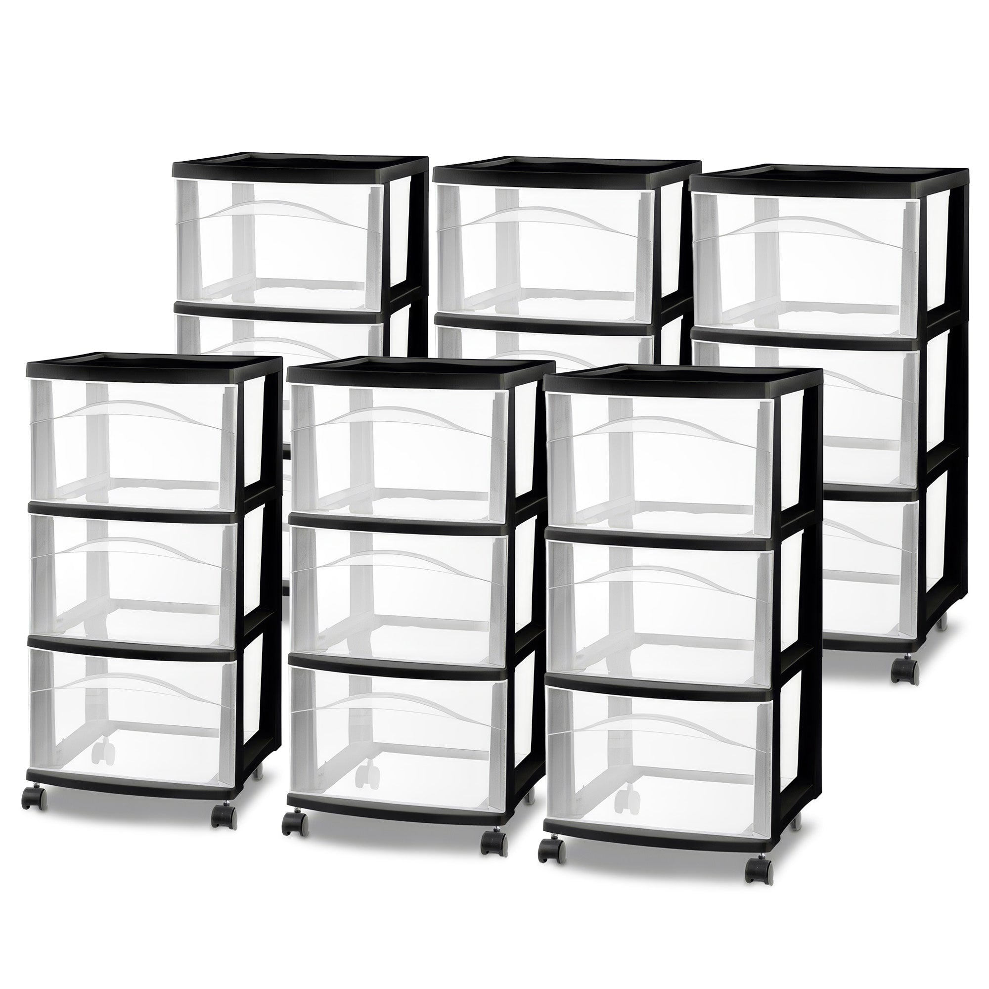 Sterilite 3 Drawer Storage Cart, Plastic Rolling Medium Organizer, Black, 6 Pack