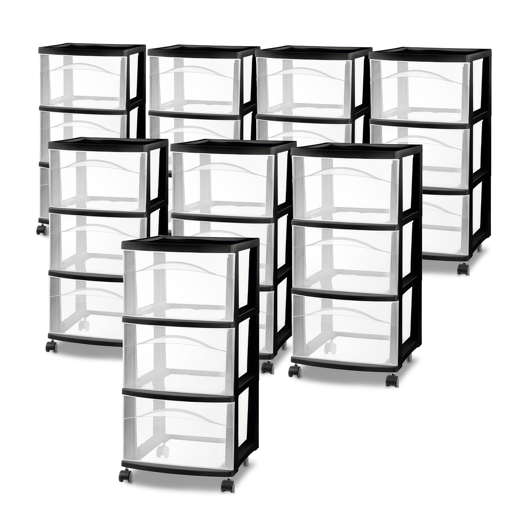 Sterilite 3 Drawer Storage Cart, Plastic Rolling Medium Organizer, Black, 8 Pack