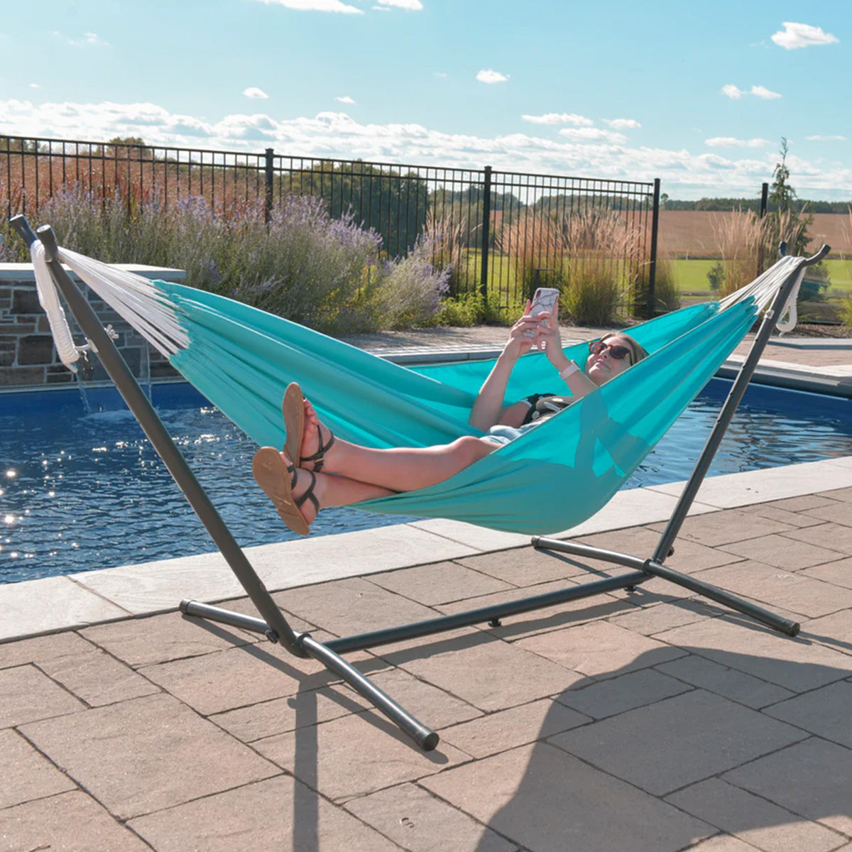 Vivere Double Sunbrella Hammock with Steel Stand and Carry Bag, 9 Foot(Open Box)