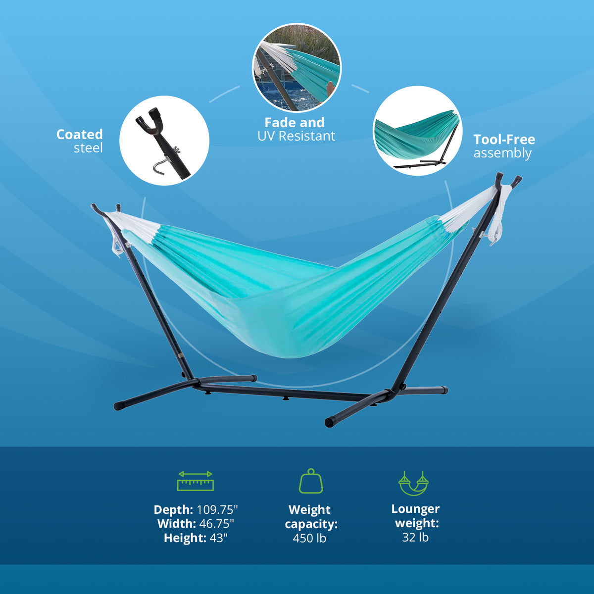 Vivere Double Sunbrella Hammock with Steel Stand and Carry Bag, 9 Foot(Open Box)