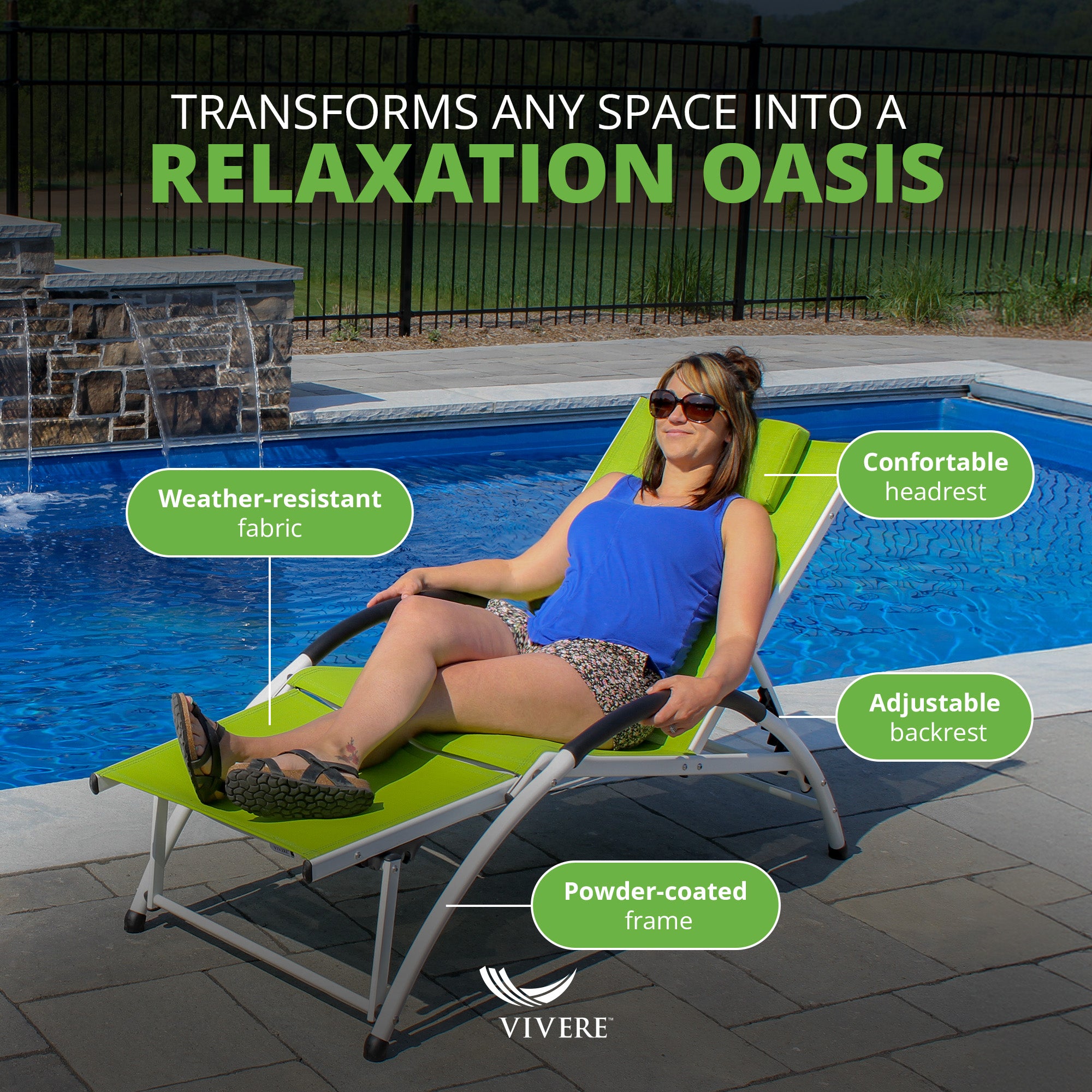 Vivere Aluminum Reclining Dockside Sun Lounger for Patio & Pool, Green Apple - VMInnovations