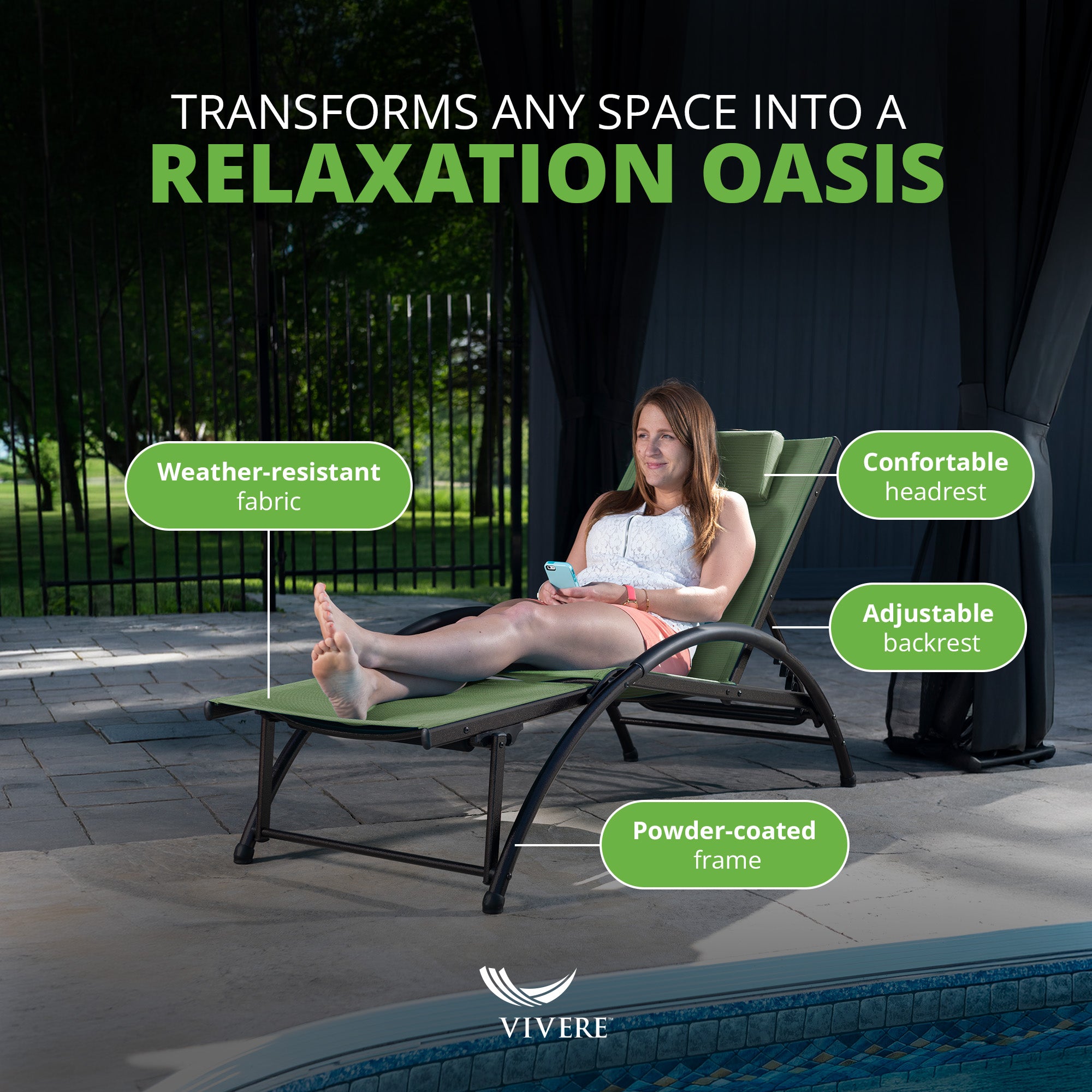 Vivere Aluminum Reclining Dockside Sun Lounger for Patio & Pool, Olive Green - VMInnovations