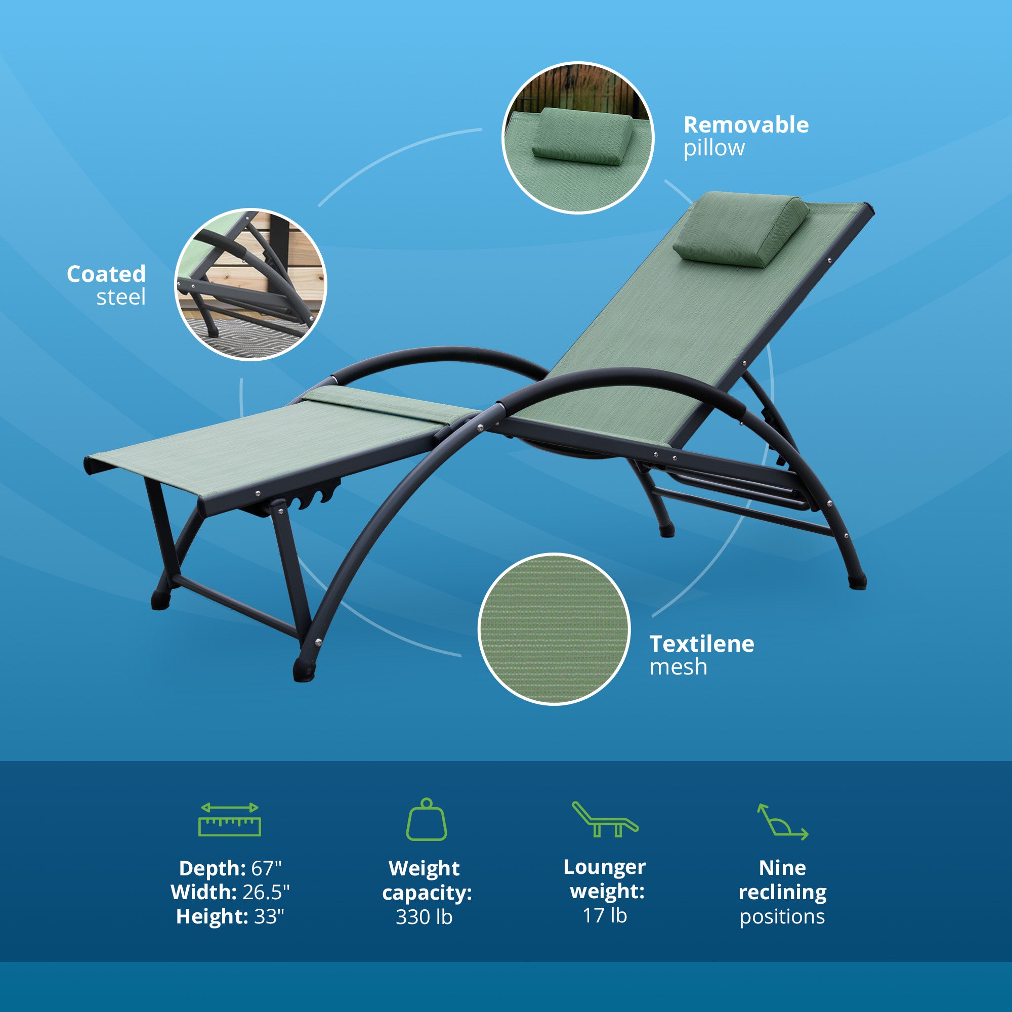 Vivere Aluminum Reclining Dockside Sun Lounger for Patio & Pool, Olive Green - VMInnovations