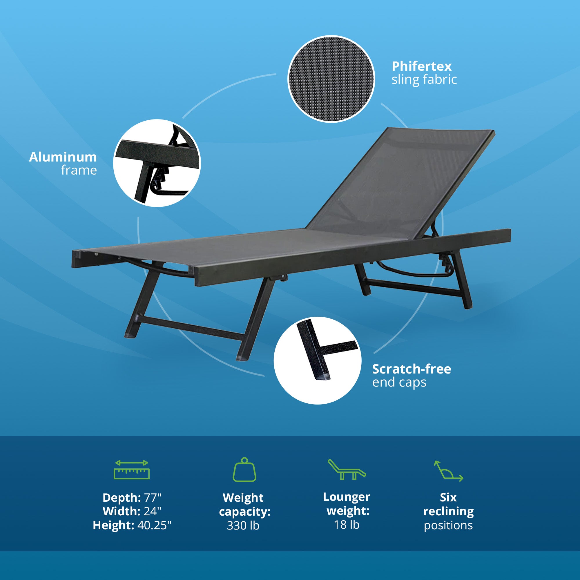 Vivere Aluminum Outdoor Chaise Lounge Chairs for Patio and Pool, Set of 2, Black - VMInnovations