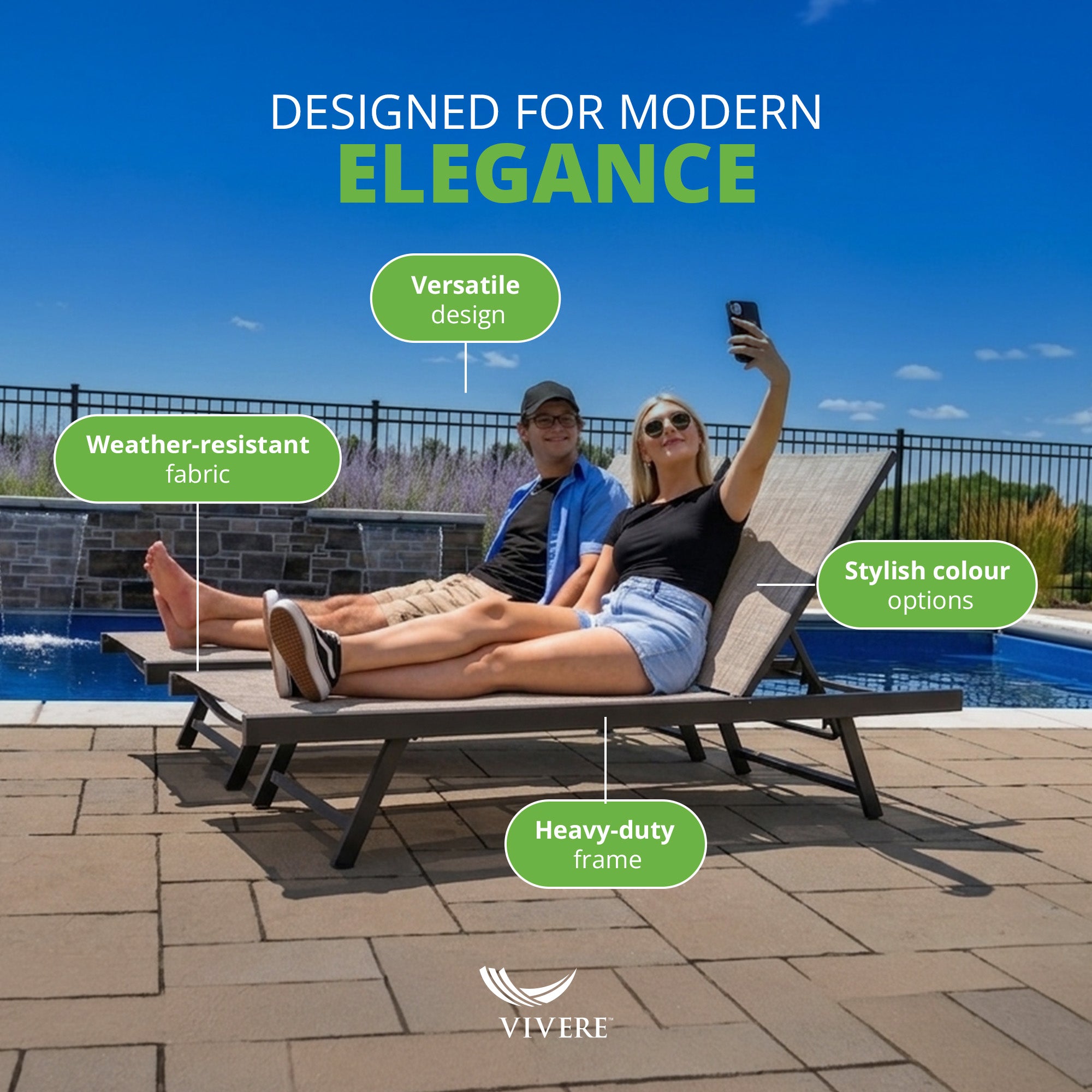 Vivere Aluminum Outdoor Chaise Lounge Chairs for Patio & Pool, Set of 2, Granite - VMInnovations