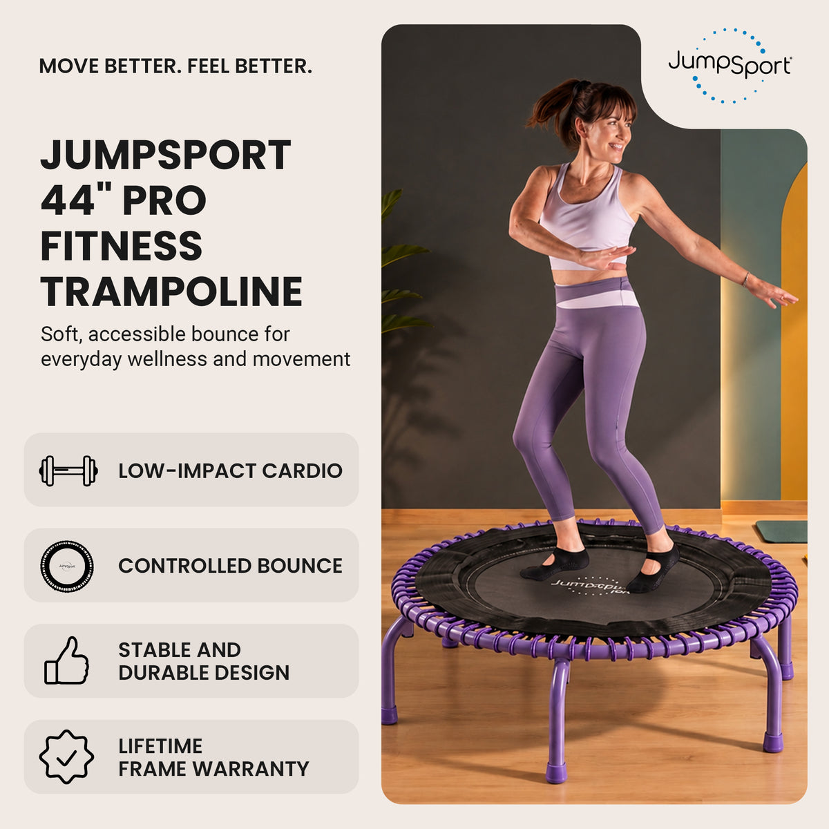 JumpSport 44" PRO Fitness Trampoline, Model 550 Exercise Rebounder, Purple