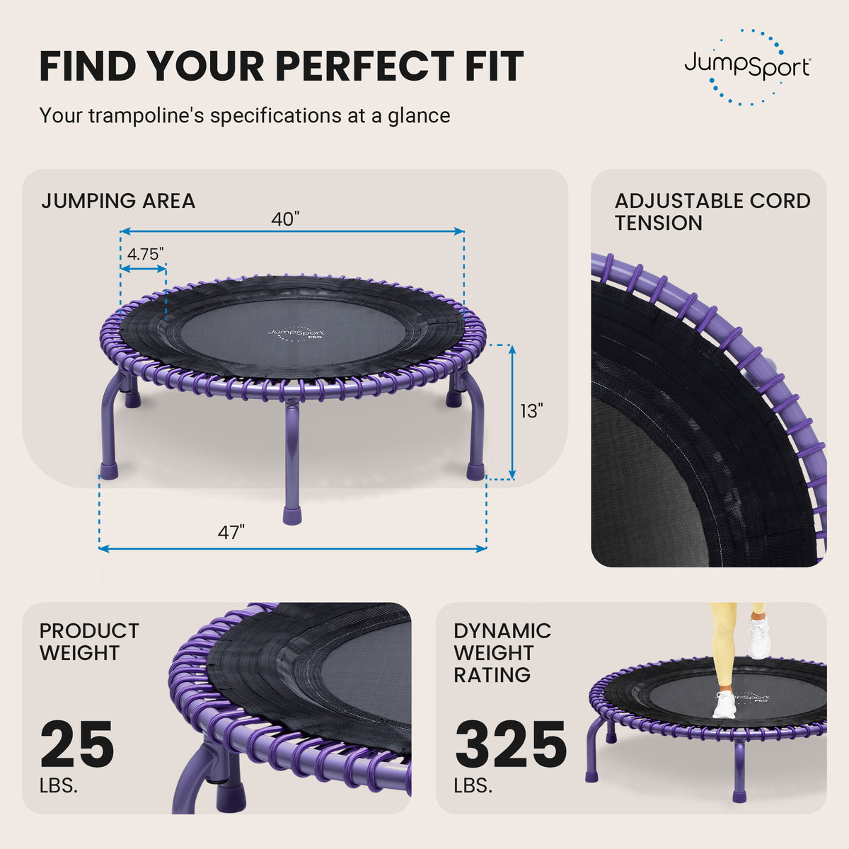 JumpSport 44" PRO Fitness Trampoline, Model 550 Exercise Rebounder, Purple
