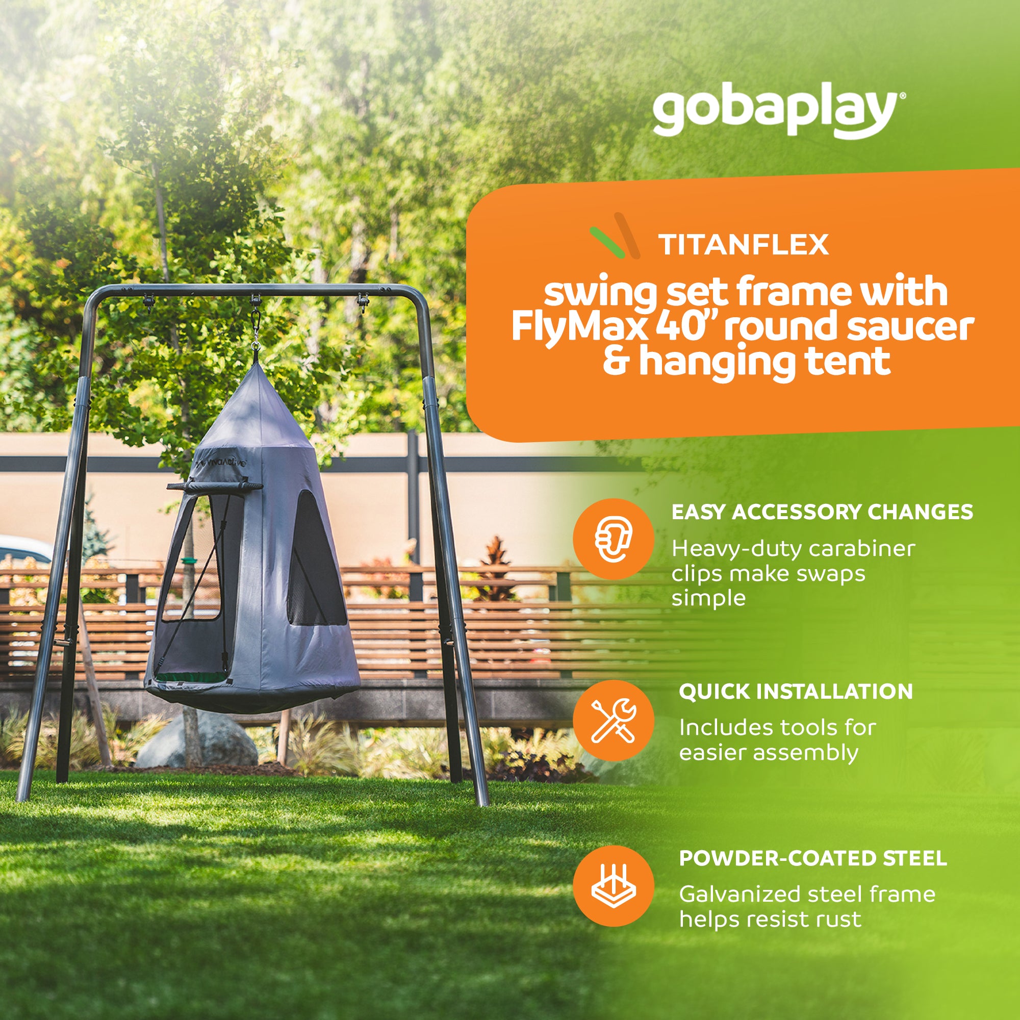 gobaplay Single Swing Set Frame with FlyMax 40" Round Saucer and Hanging Tent