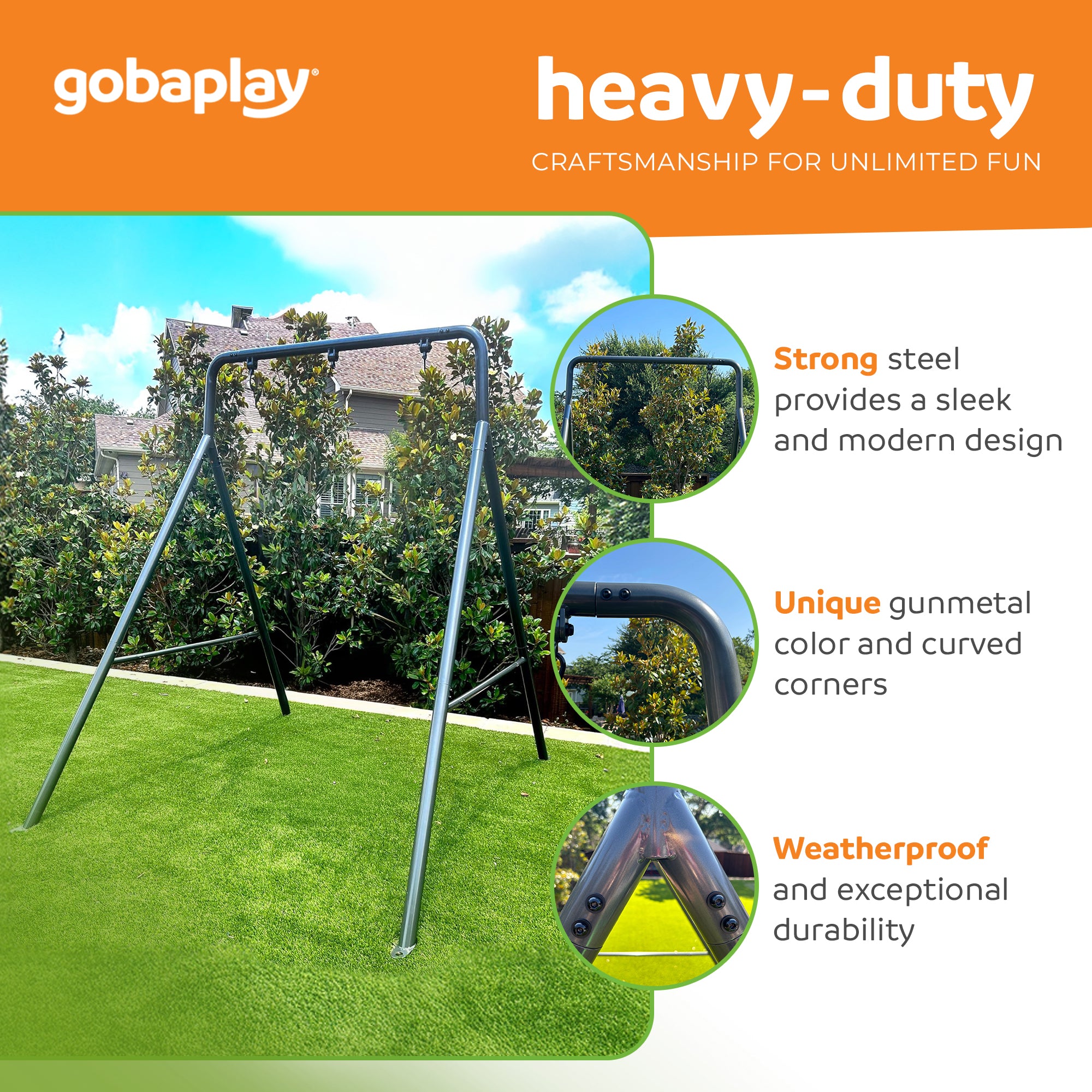 gobaplay Single Swing Set Frame with FlyMax 40" Round Saucer and Hanging Tent