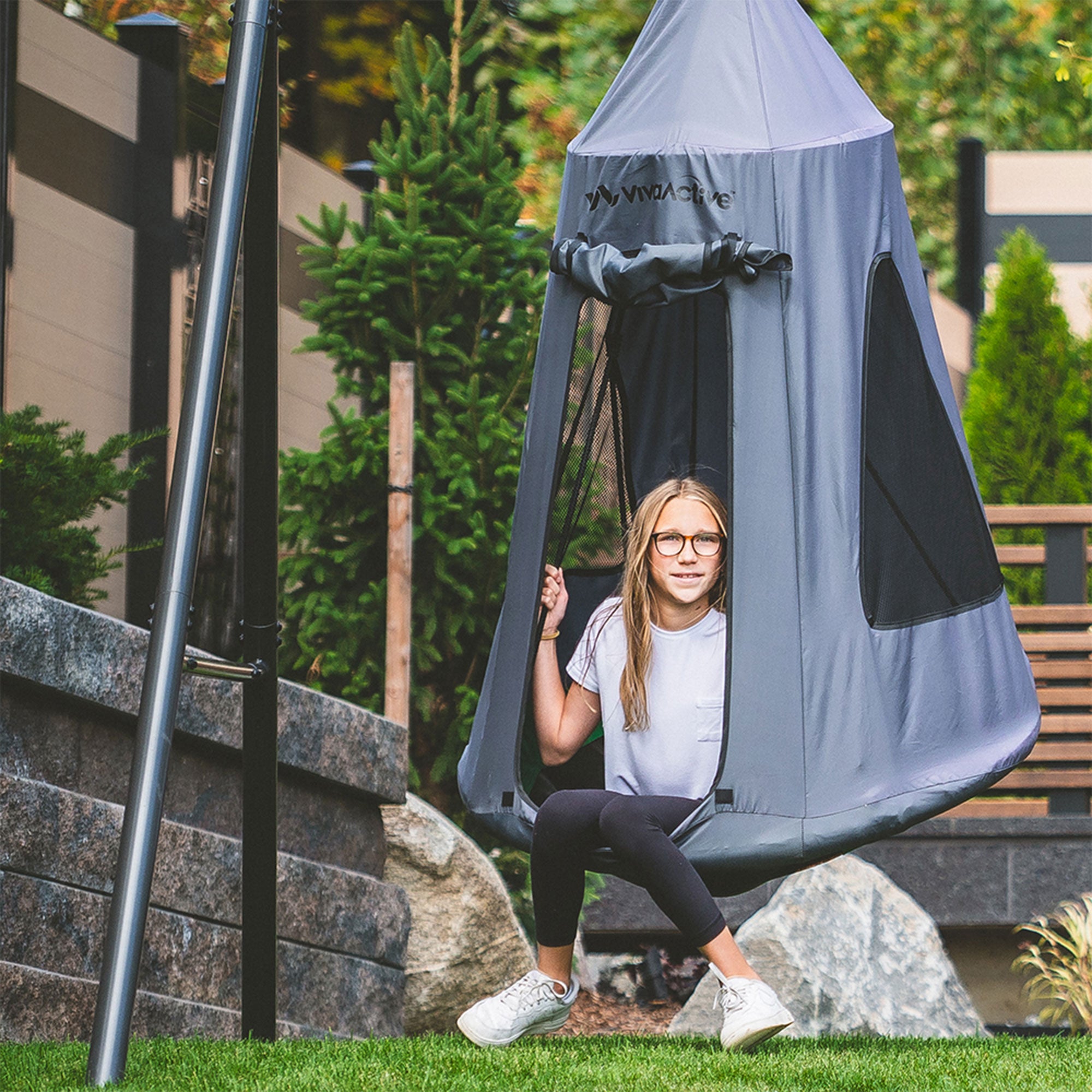 gobaplay Single Swing Set Frame with FlyMax 40" Round Saucer and Hanging Tent