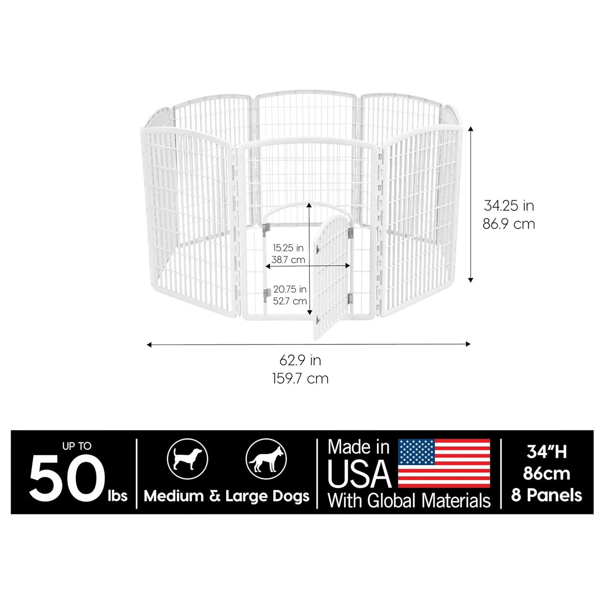 IRIS USA 34" Exercise Pet Playpen, Large Plastic Gate with Door for Dogs, White - VMInnovations