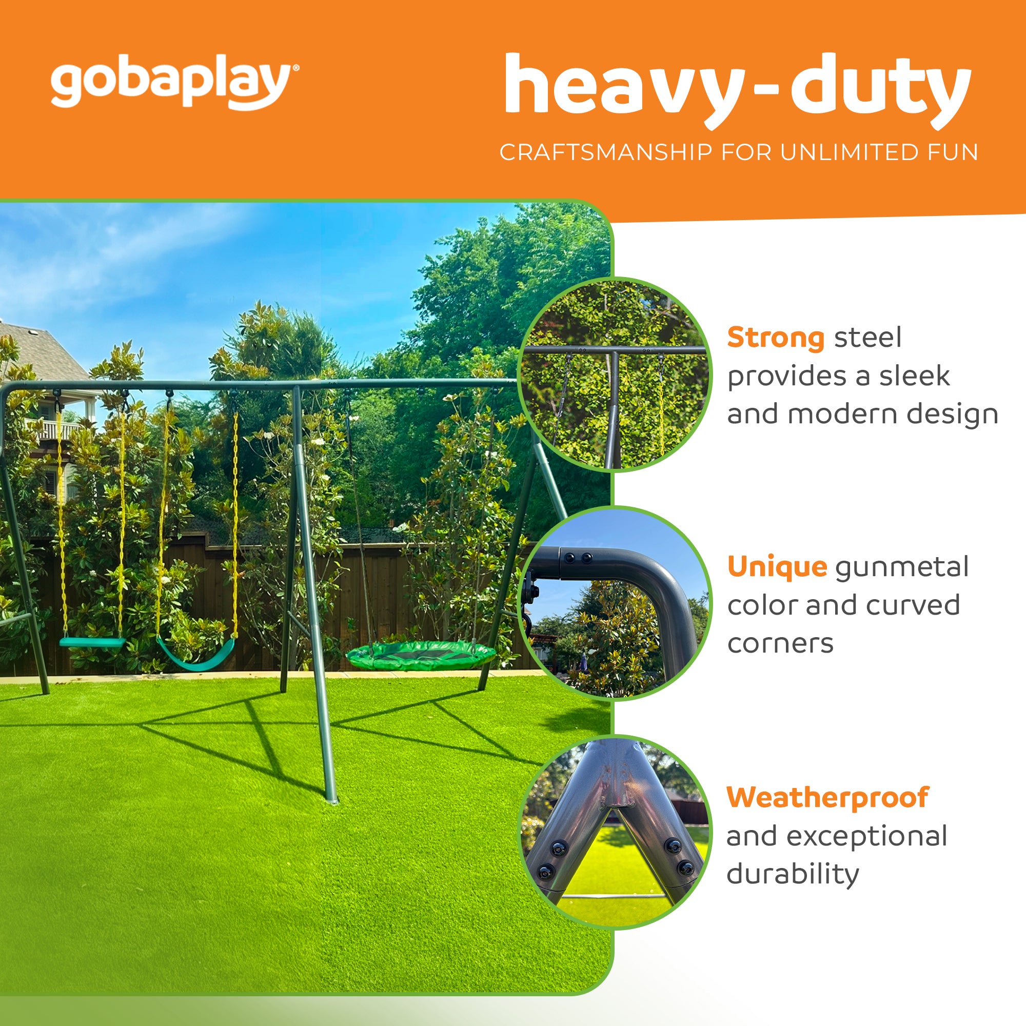 gobaplay Single Swing Set with 6' Frame Extension, Swings, and 40" Round Saucer
