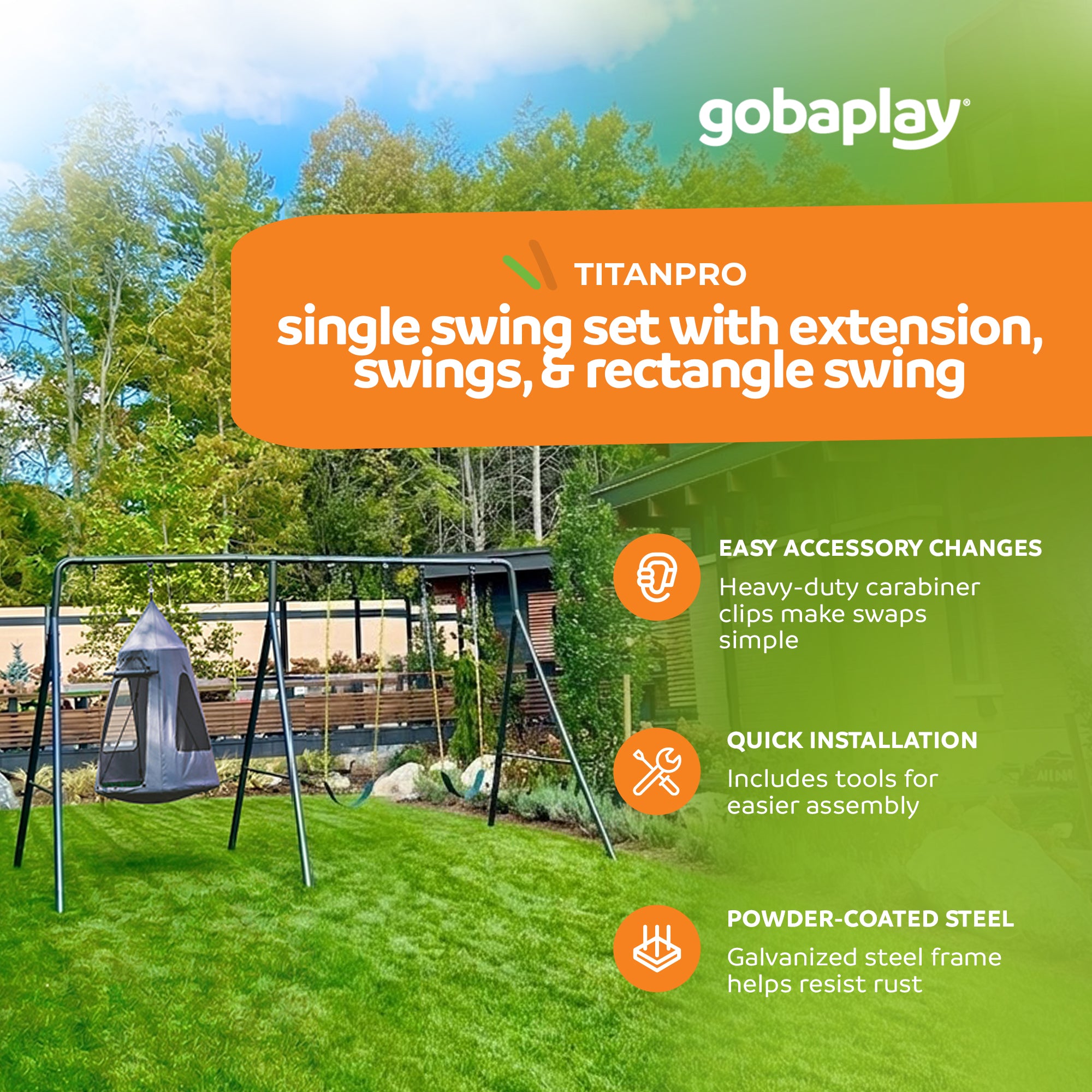 gobaplay Swing Set with 6' Frame Extension, Swings, 40" Saucer, & Hanging Tent