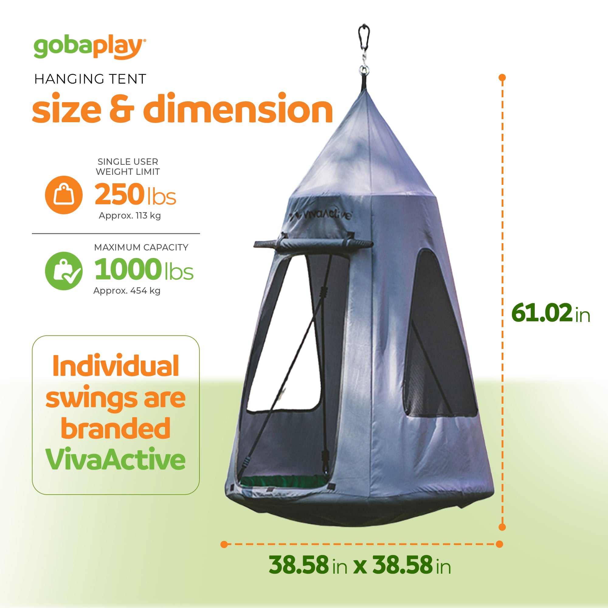 gobaplay Swing Set with 6' Frame Extension, Swings, 40" Saucer, & Hanging Tent