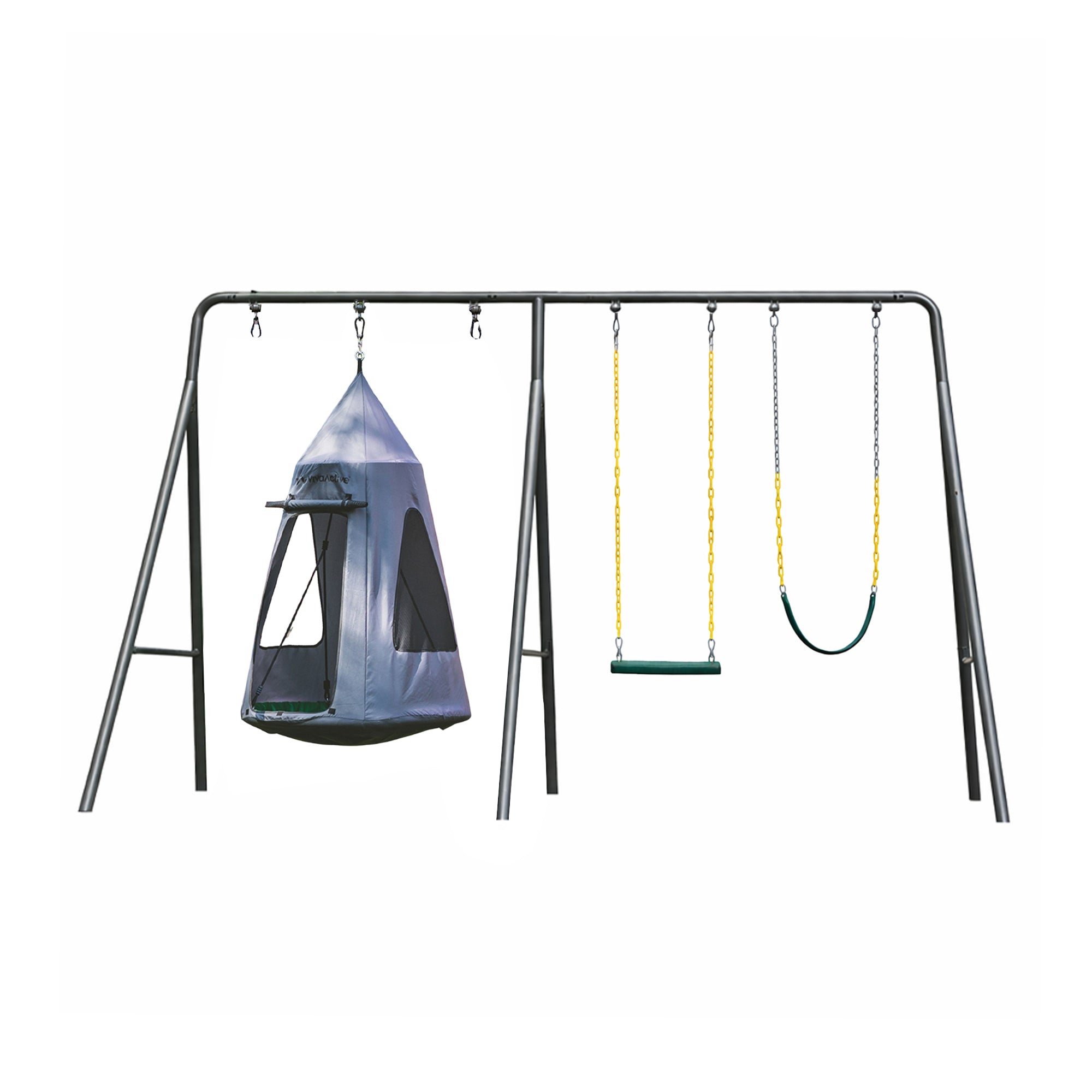 gobaplay Swing Set with 6' Frame Extension, Swings, 40" Saucer, & Hanging Tent