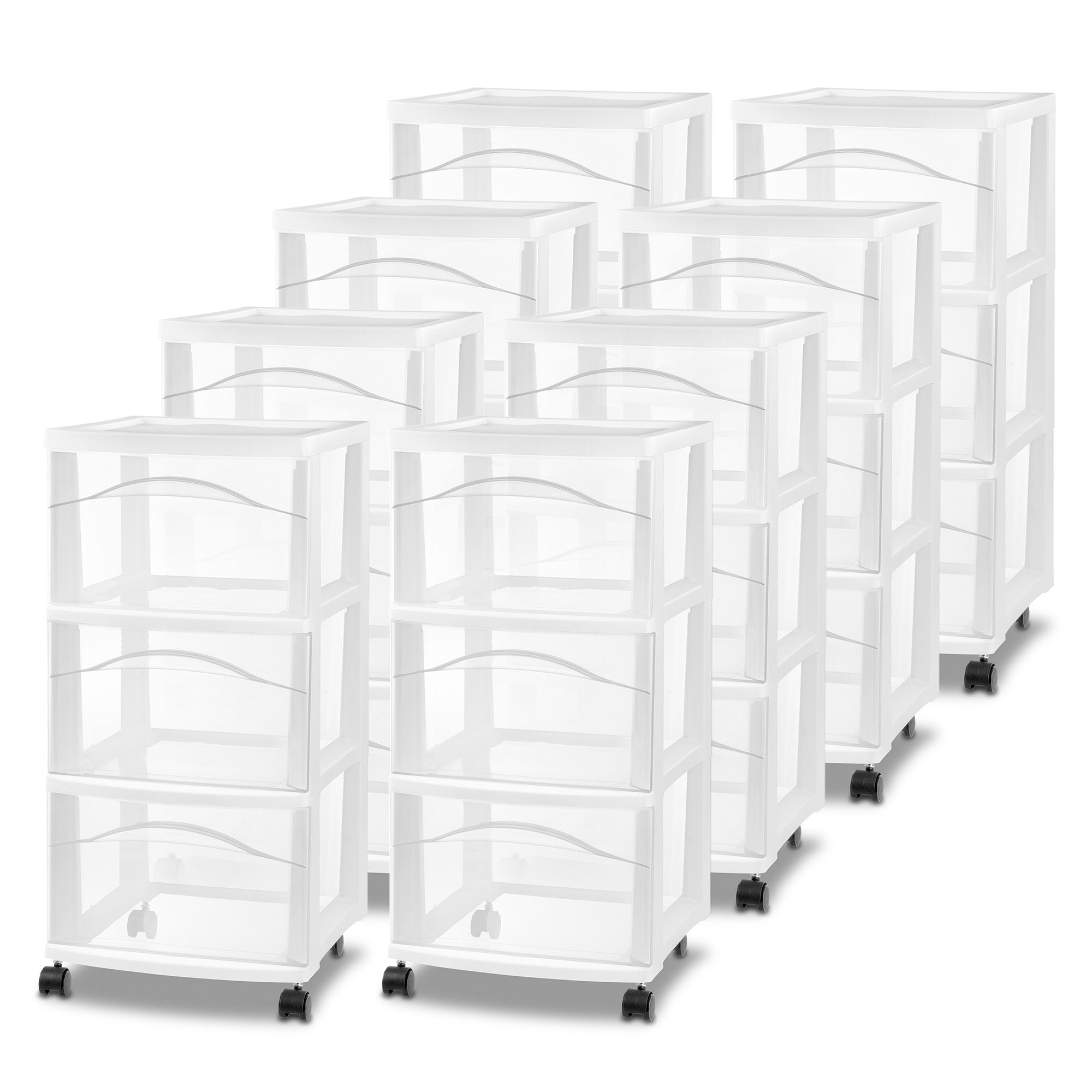 Sterilite 3 Drawer Storage Cart, Plastic Rolling Medium Organizer, White, 8 Pack - VMInnovations