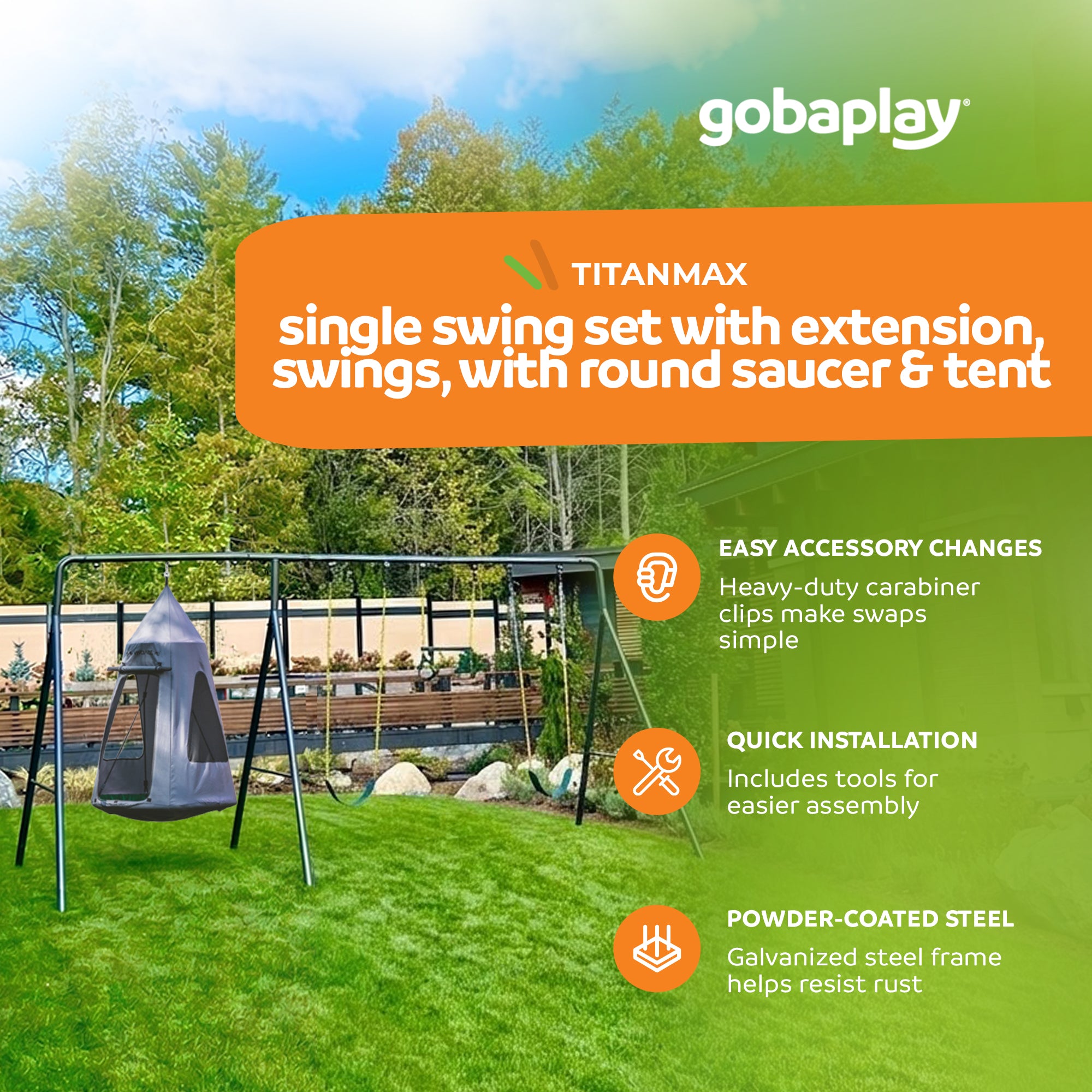gobaplay Swing Set with 8' Frame Extension, Swings, 40" Saucer, & Hanging Tent - VMInnovations