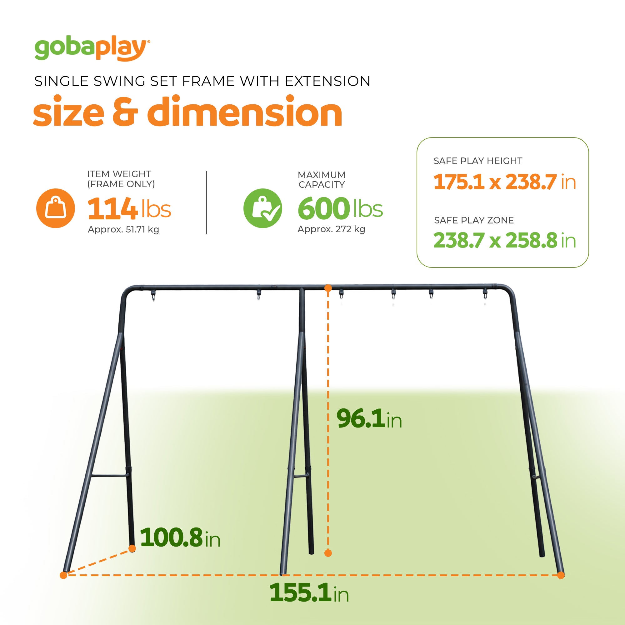 gobaplay Single Swing Playground Set with 6' Frame Extension & Rectangle Swing - VMInnovations