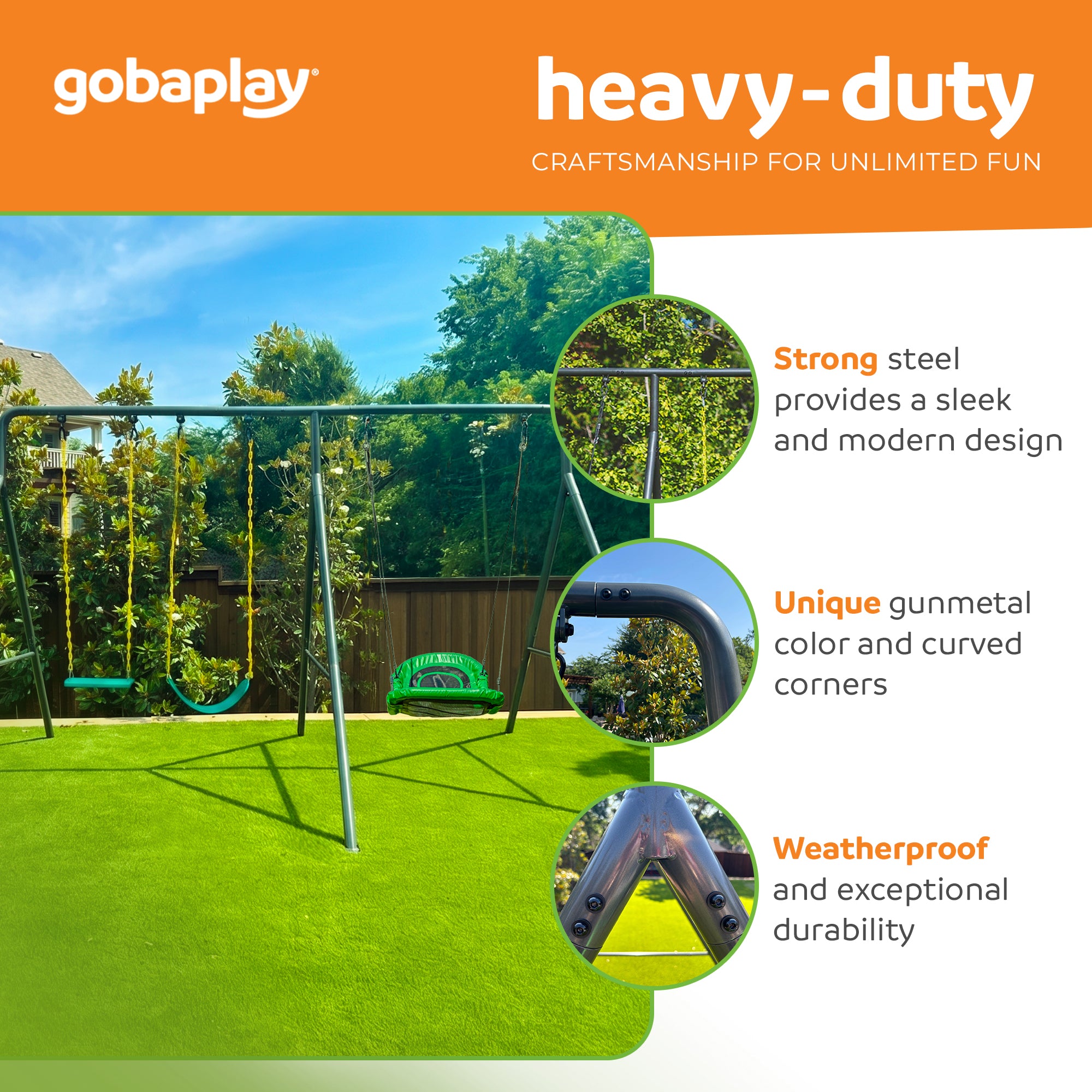 gobaplay Single Swing Playground Set with 6' Frame Extension and Boat Swing - VMInnovations