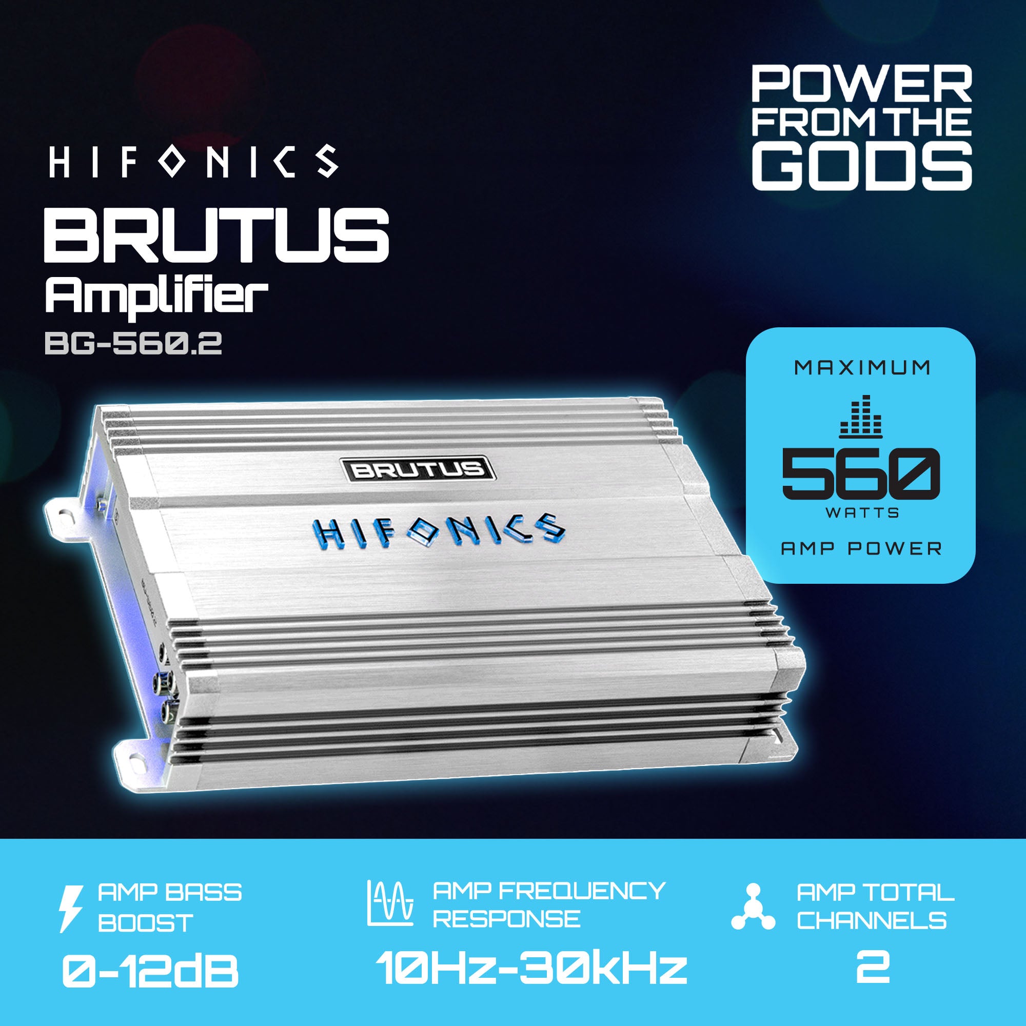Hifonics Brutus BG 560 Watt 2 Channel Amplifier with Built-In UV Meter, Silver - VMInnovations