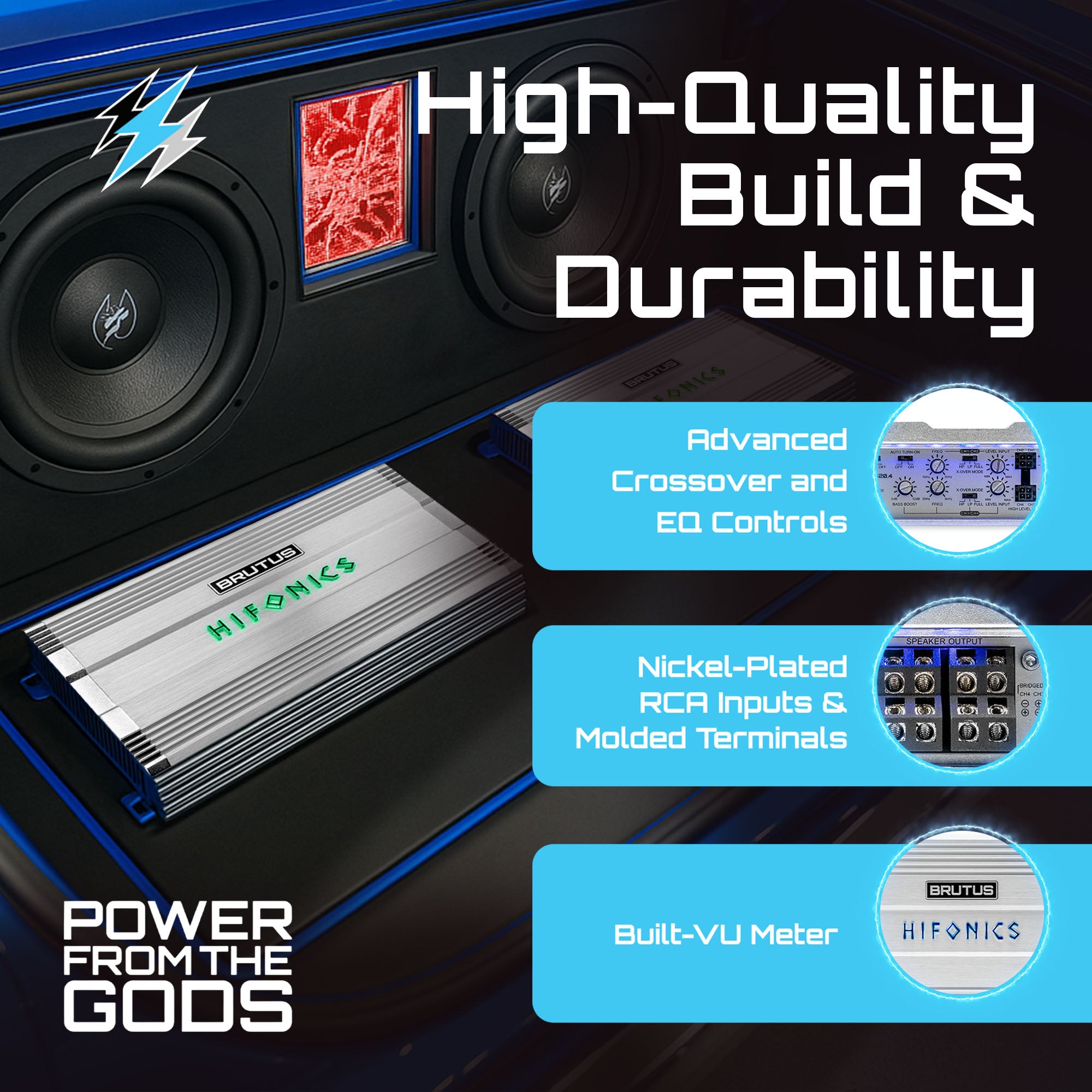 Hifonics Brutus BG 520 Watt 4 Channel Amplifier with Built-In UV Meter, Silver - VMInnovations