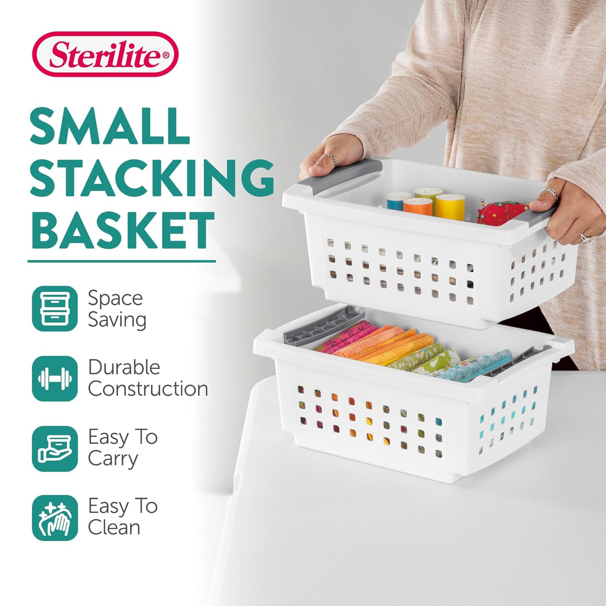 Sterilite Small Stacking Basket, Open Top Storage Bin w/ Handles, 8 Pack, White