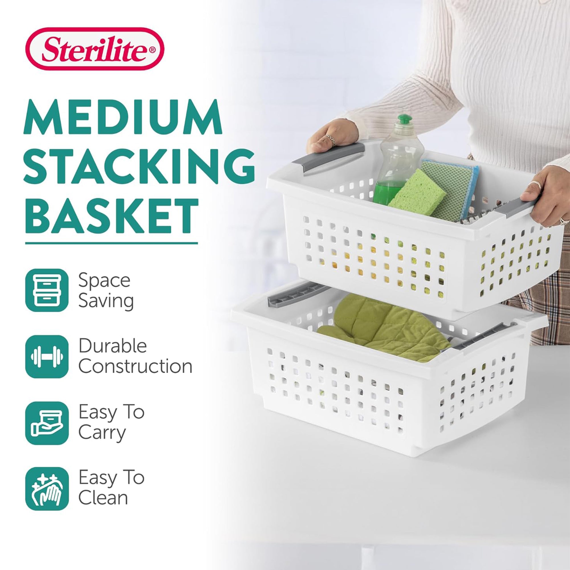 Sterilite Medium Stacking Basket, Open Top Storage Bin w Handles, 16 Pack, White