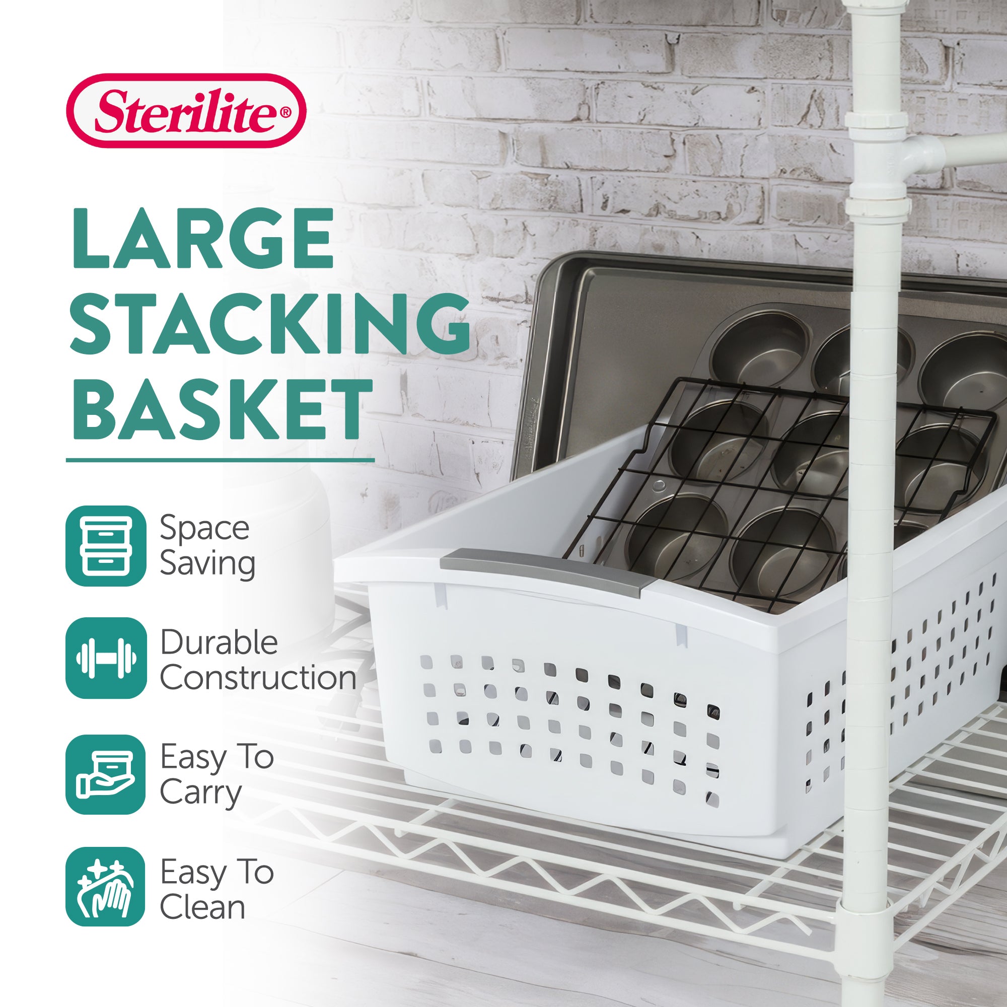 Sterilite Large Stacking Basket, Open Top Storage Bin w/ Handles, 8 Pack, White