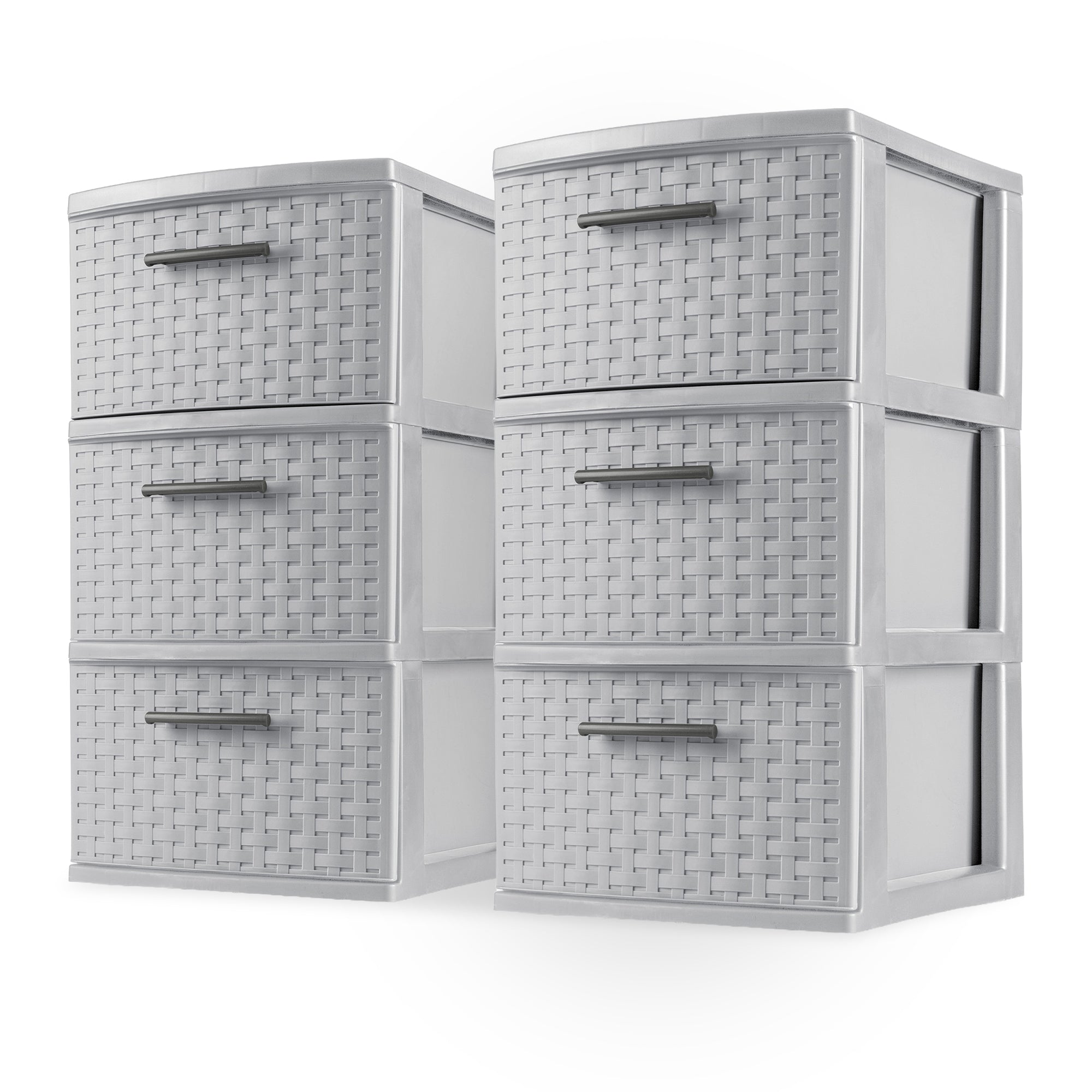 Sterilite 3 Drawer Storage Tower, Plastic Weave Medium Organizer, Cement, 2 Pack
