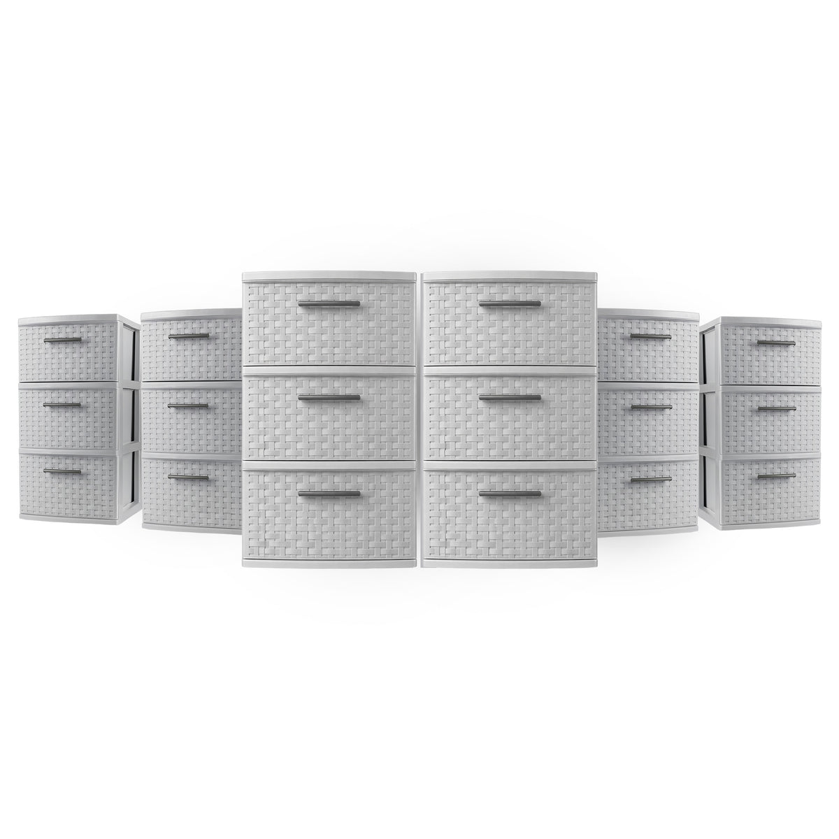 Sterilite 3 Drawer Storage Tower, Plastic Weave Medium Organizer, Cement, 6 Pack