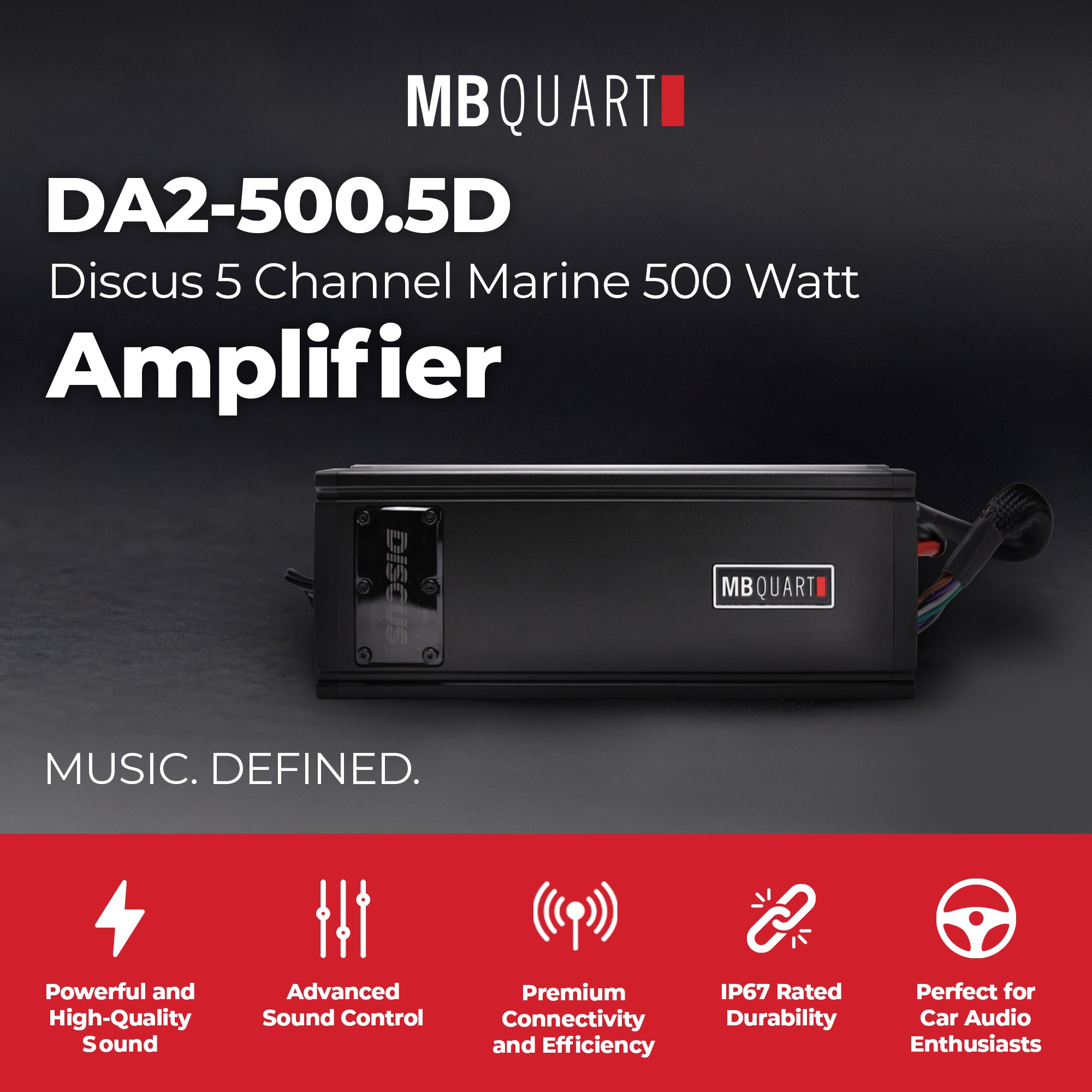 MB Quart Discus 5 Channel Marine Amplifier with Top Mounted Controls, 500 Watts - VMInnovations