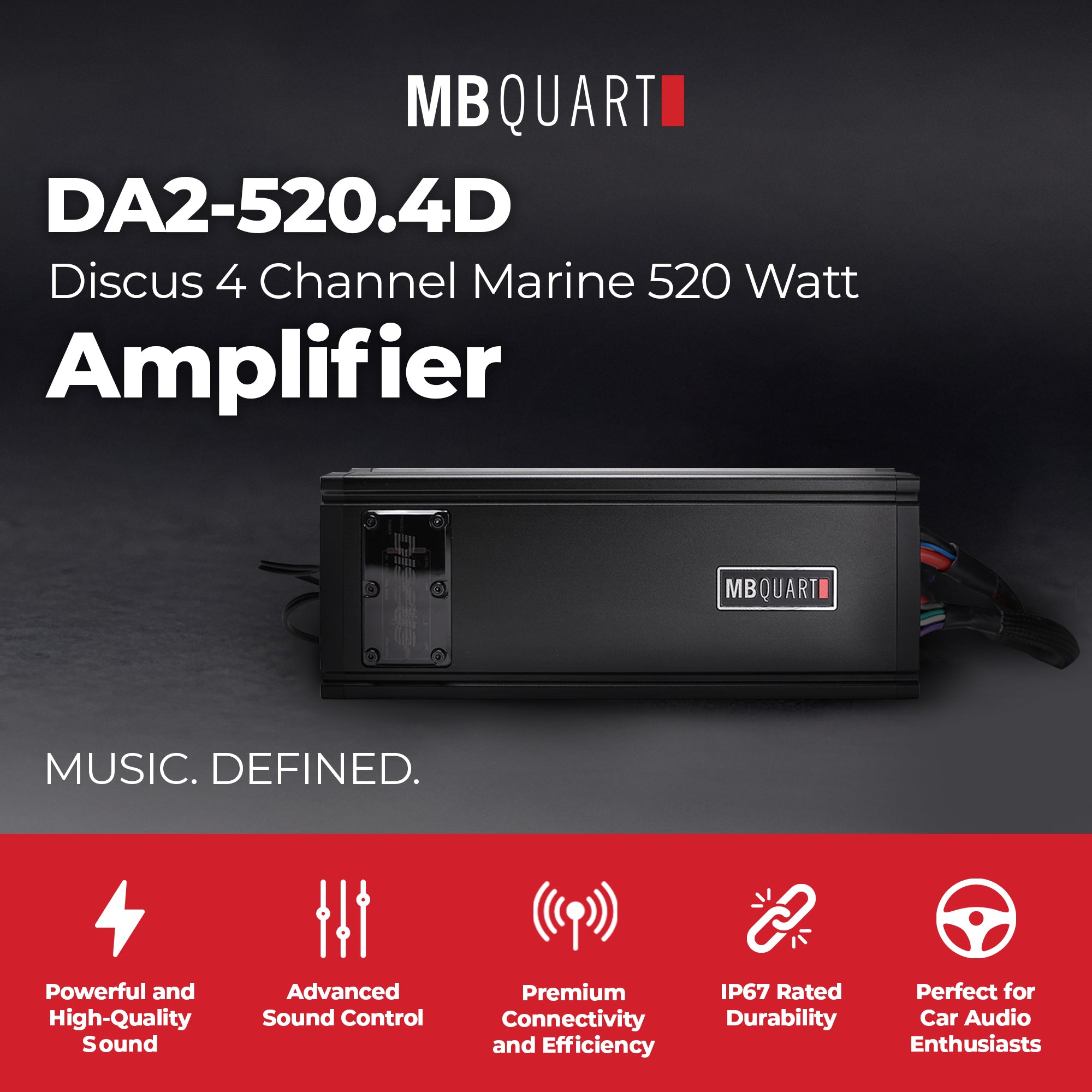 MB Quart Discus 4 Channel Marine Amplifier with Top Mounted Controls, 520 Watts