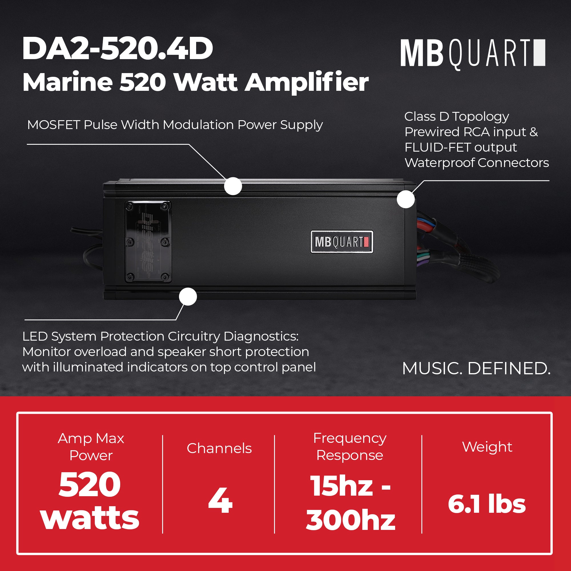 MB Quart Discus 4 Channel Marine Amplifier with Top Mounted Controls, 520 Watts