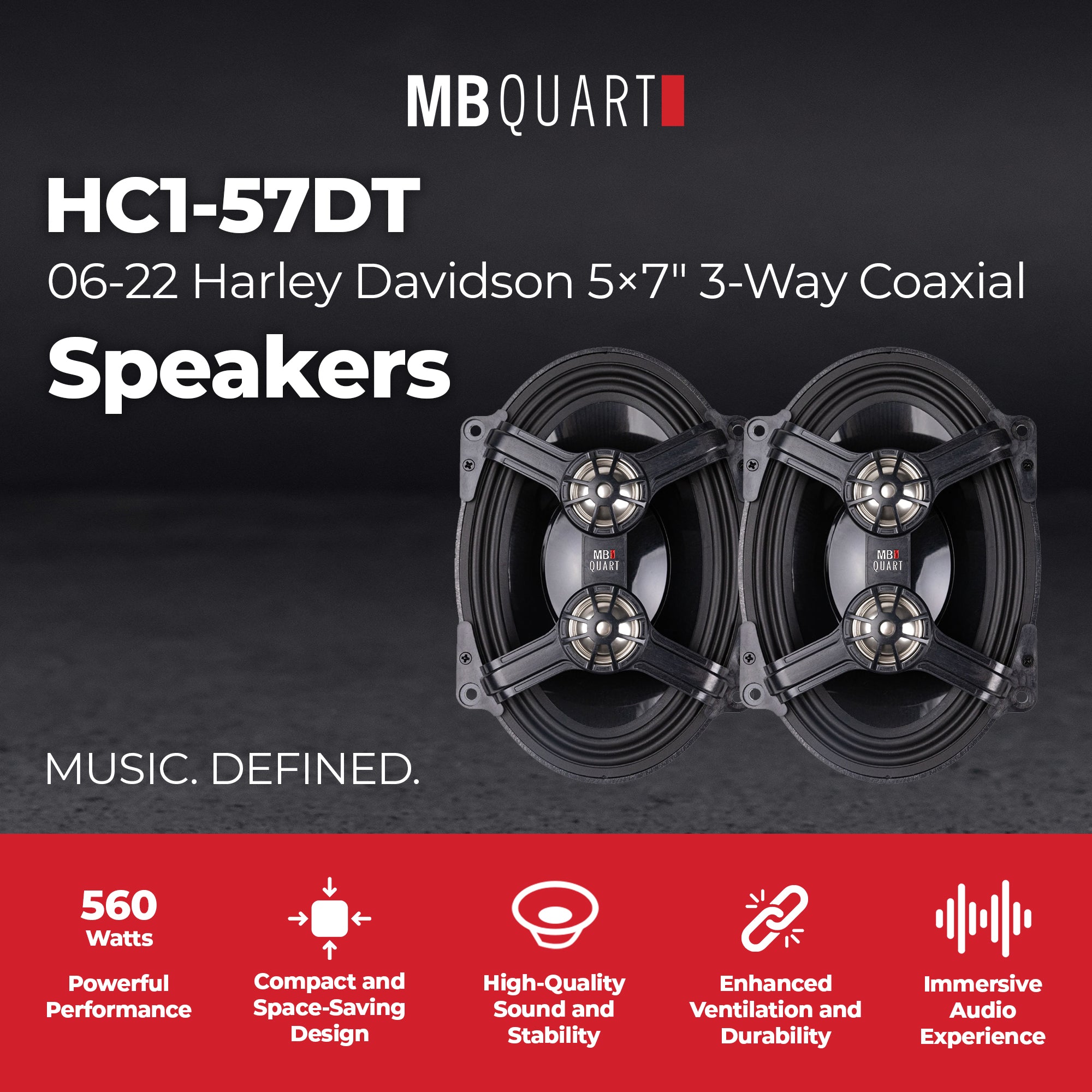 MB Quart 5x7" 3-Way Coaxial Speakers, 06-22 Harley Davidson Street & Ultra Glide - VMInnovations
